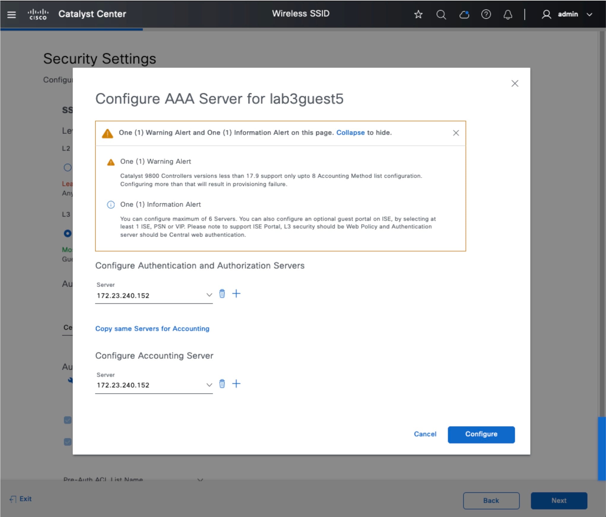 The Configure AAA Server dialog box displays the configurations for the authentication and authorization servers and for the accounting server.