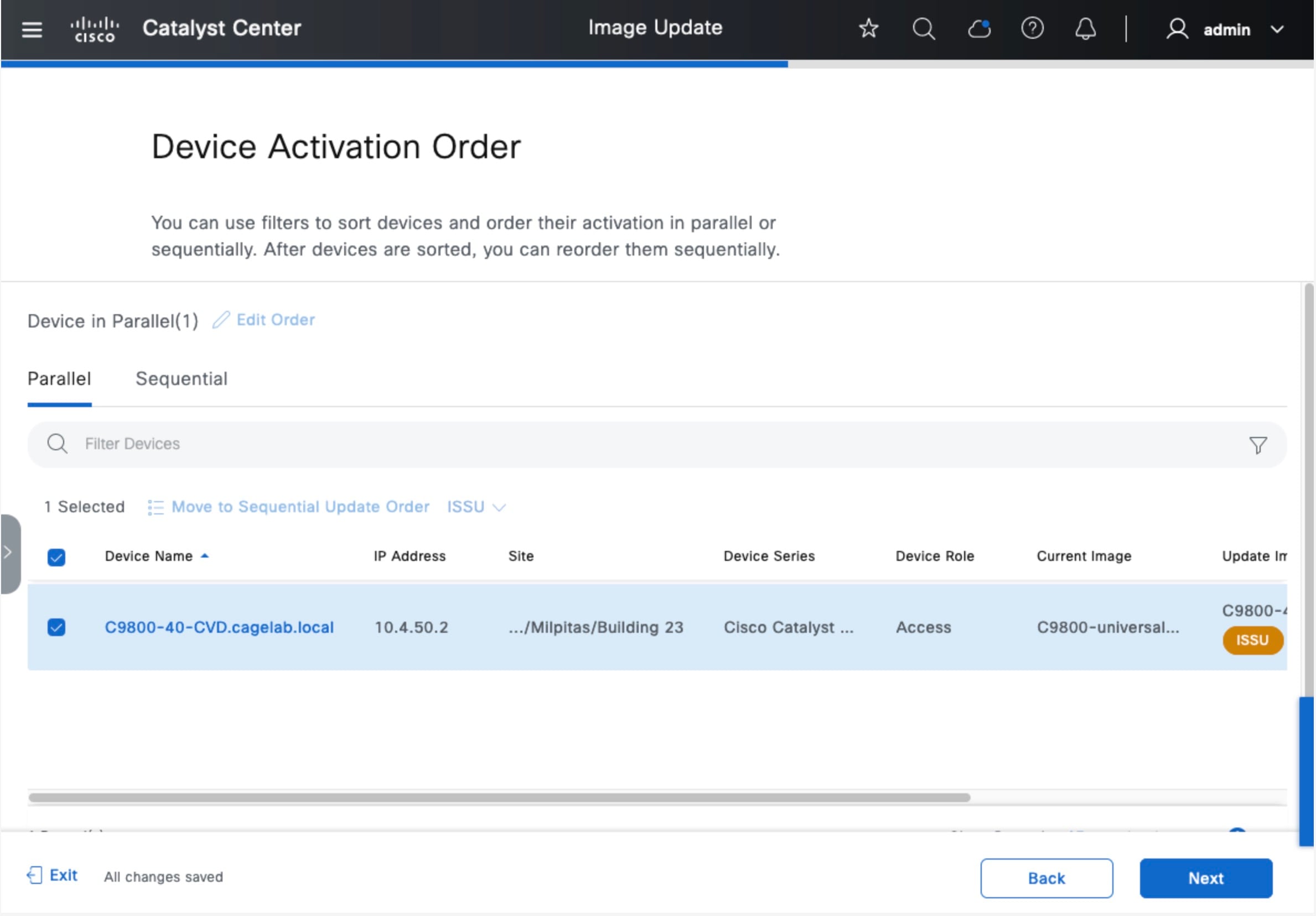 The Device Activation Order window shows the device name, IP address, site, device series, current image, and update image.