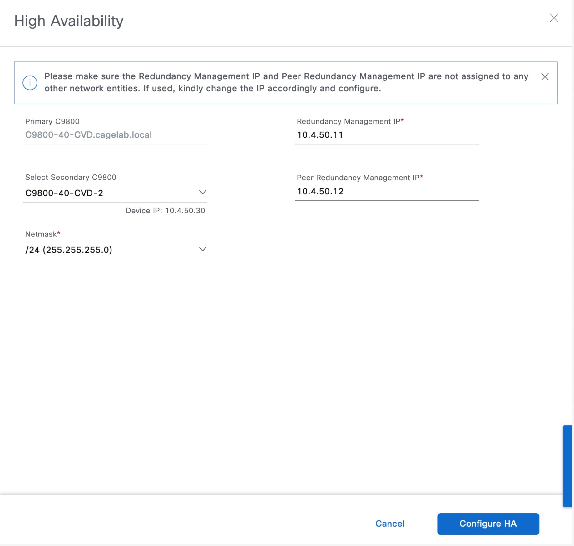 The High Availability window shows the primary 9800, option to select the secondary 9800, netmask, redundancy management IP, and peer redundancy IP.