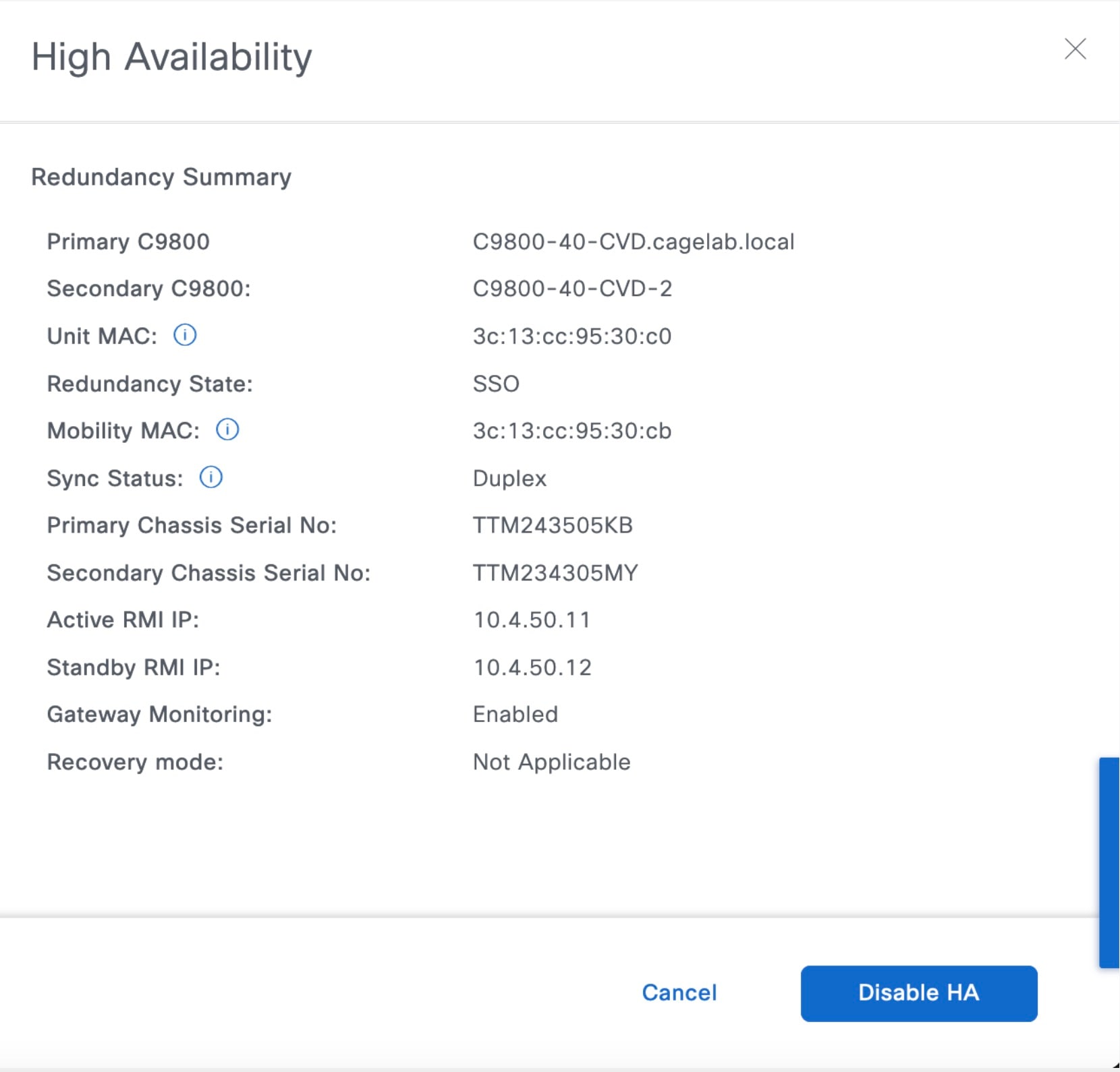 The Redundancy Summary section shows the high availability configuration details.