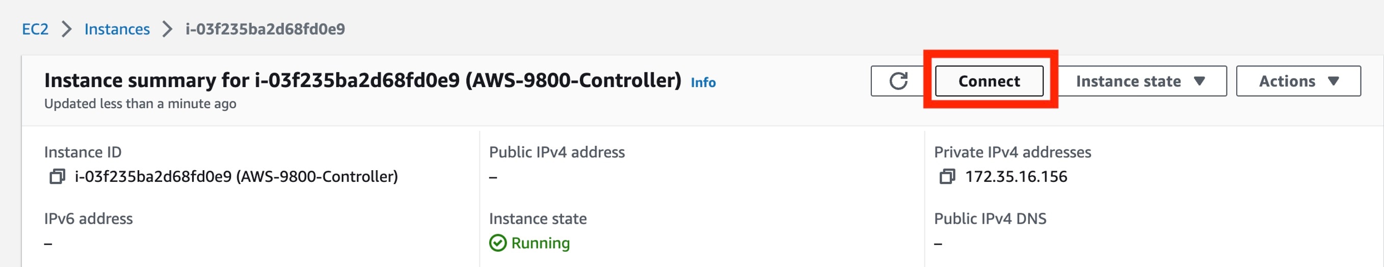 The instance information for the Catalyst 9800-CL Wireless Controller with the option to connect.