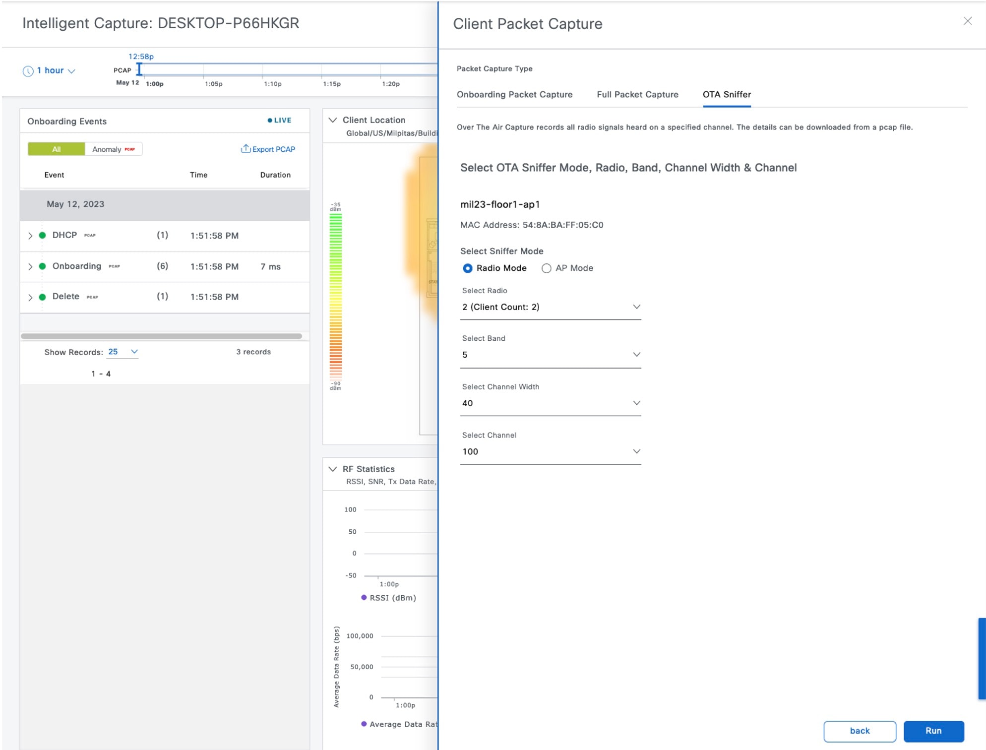 In the Client Packet Capture slide-in pane, the OTA Sniffer tab shows the configurable options for band, channel, and channel width.