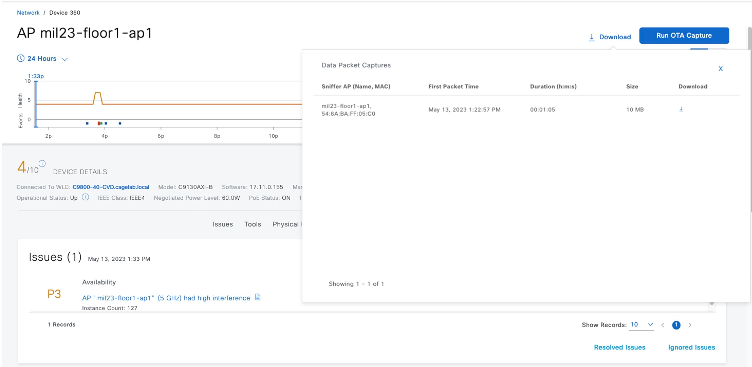 The Data Packet Captures dialog box shows the Sniffer AP, first packet time, duration, size, and download details.