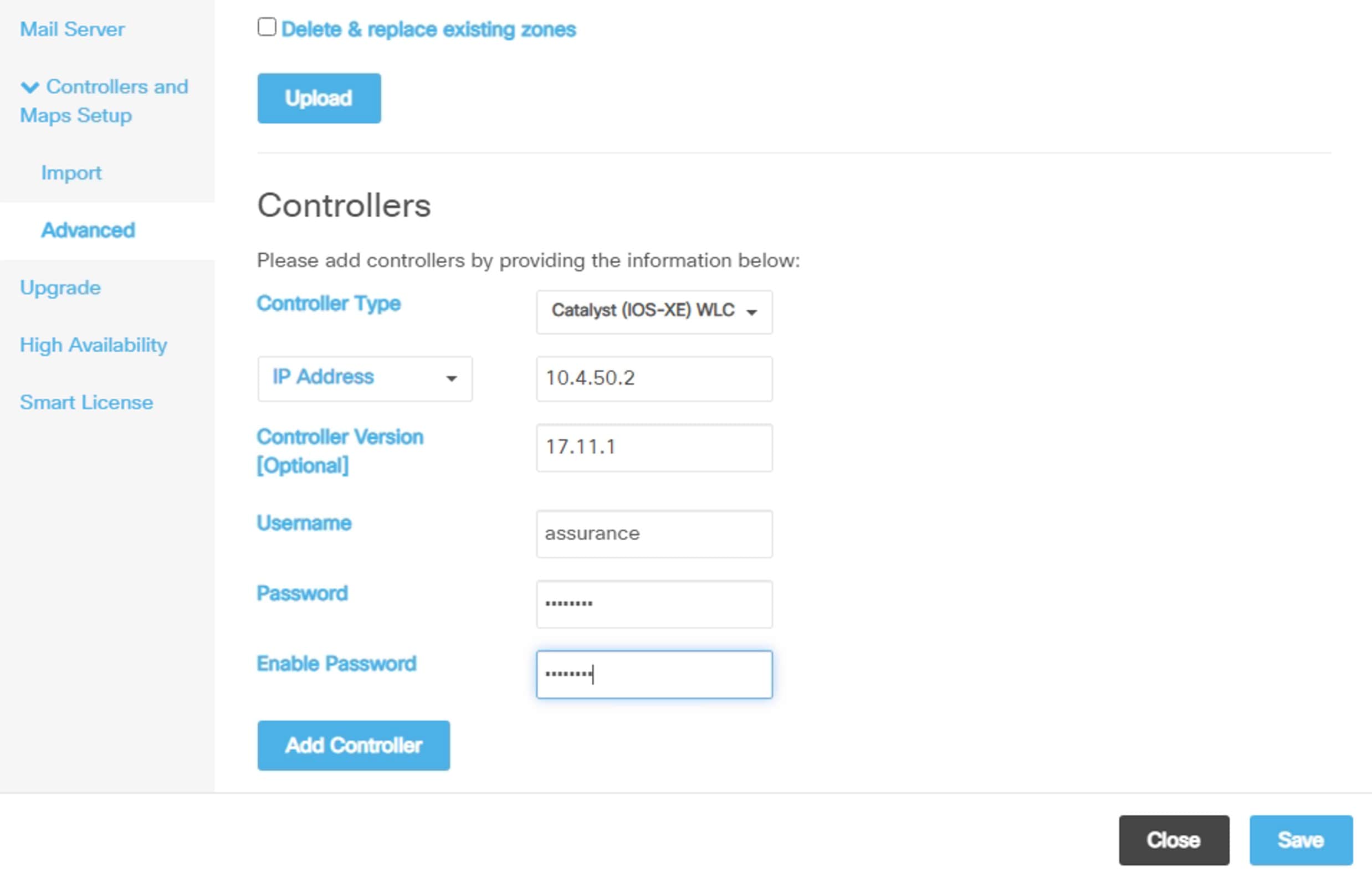 The controller information includes the controller type, IP address, controller version, username, password, and enable password option.