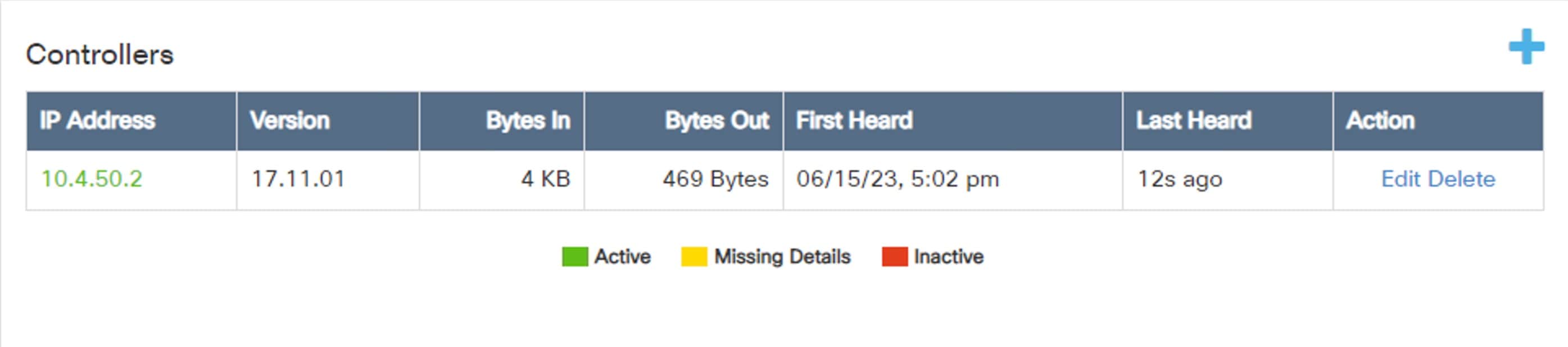 The list of wireless controller displays the following information for each controller: IP address, version, bytes in, bytes out, first heard, last heard, and action.