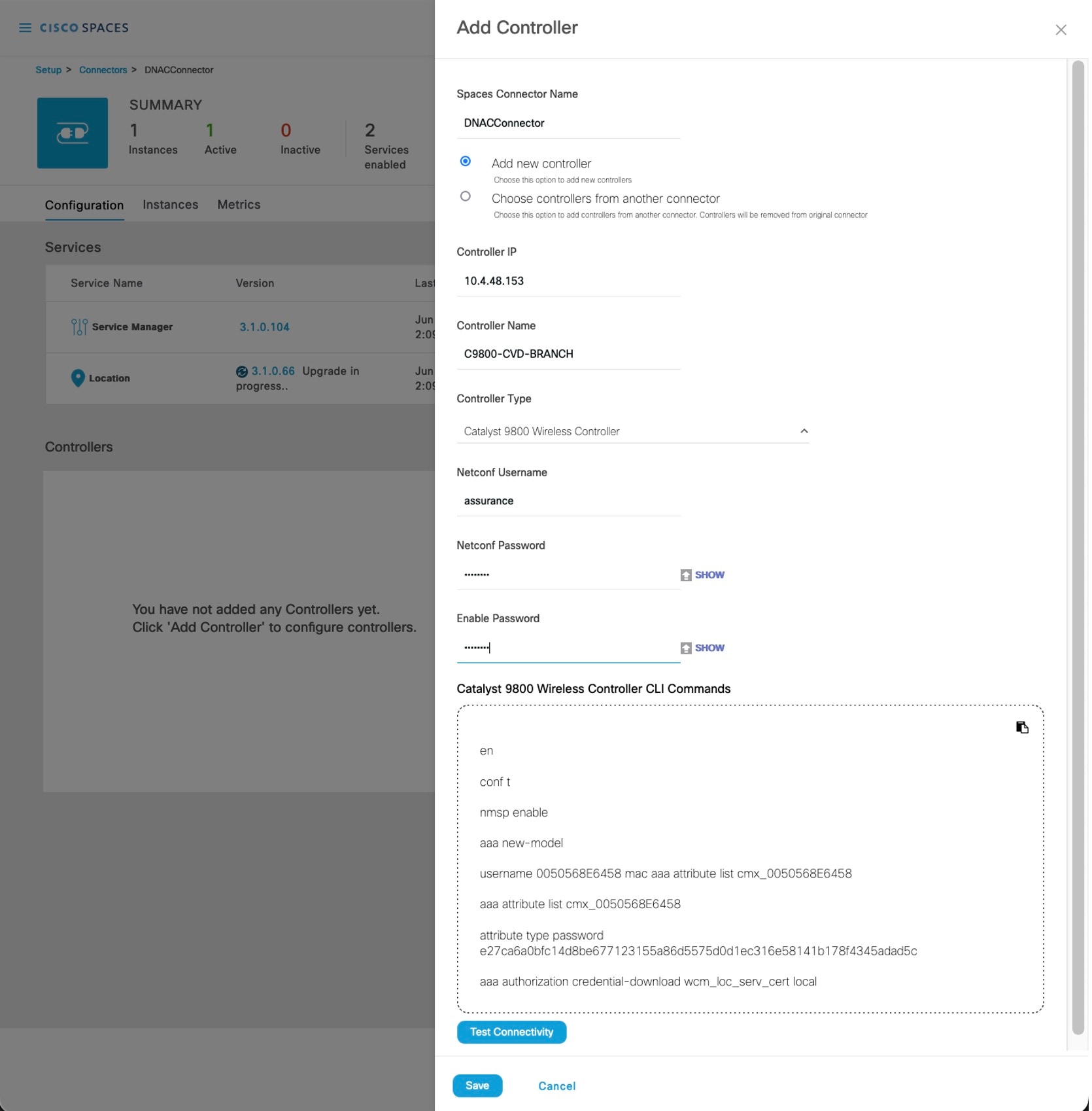 The Add Controller slide-in pane displays options to add a new controller or choose a controller from another connector and configure.