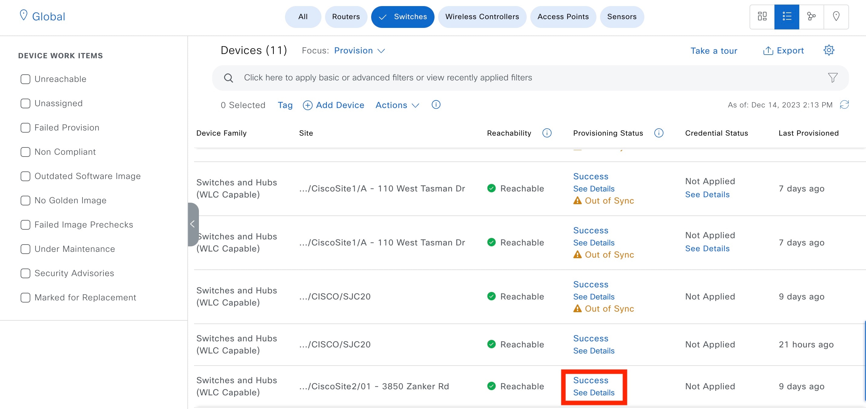 The list of authentication and policy servers is displayed, and the IP address, protocol, type, status, and available actions are shown for each server.