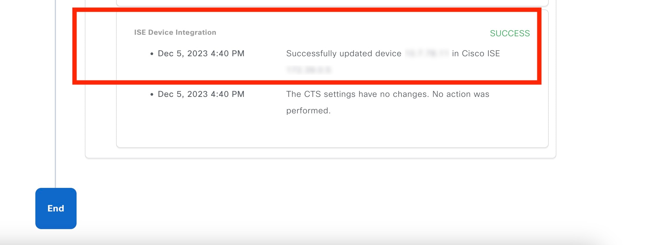 The ISE Device Configuration tile shows the date and time for the integration status of the device.