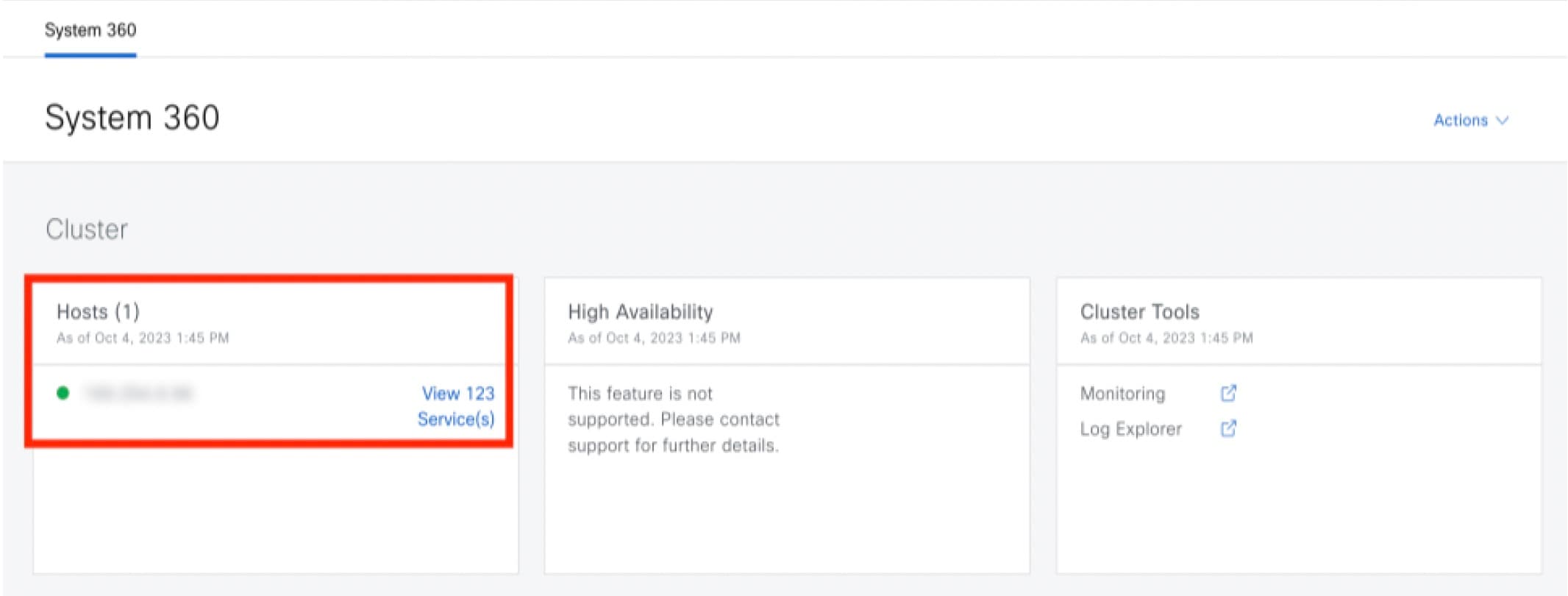 The System 360 window shows the Hosts, High Availability, and Cluster Tools tiles.