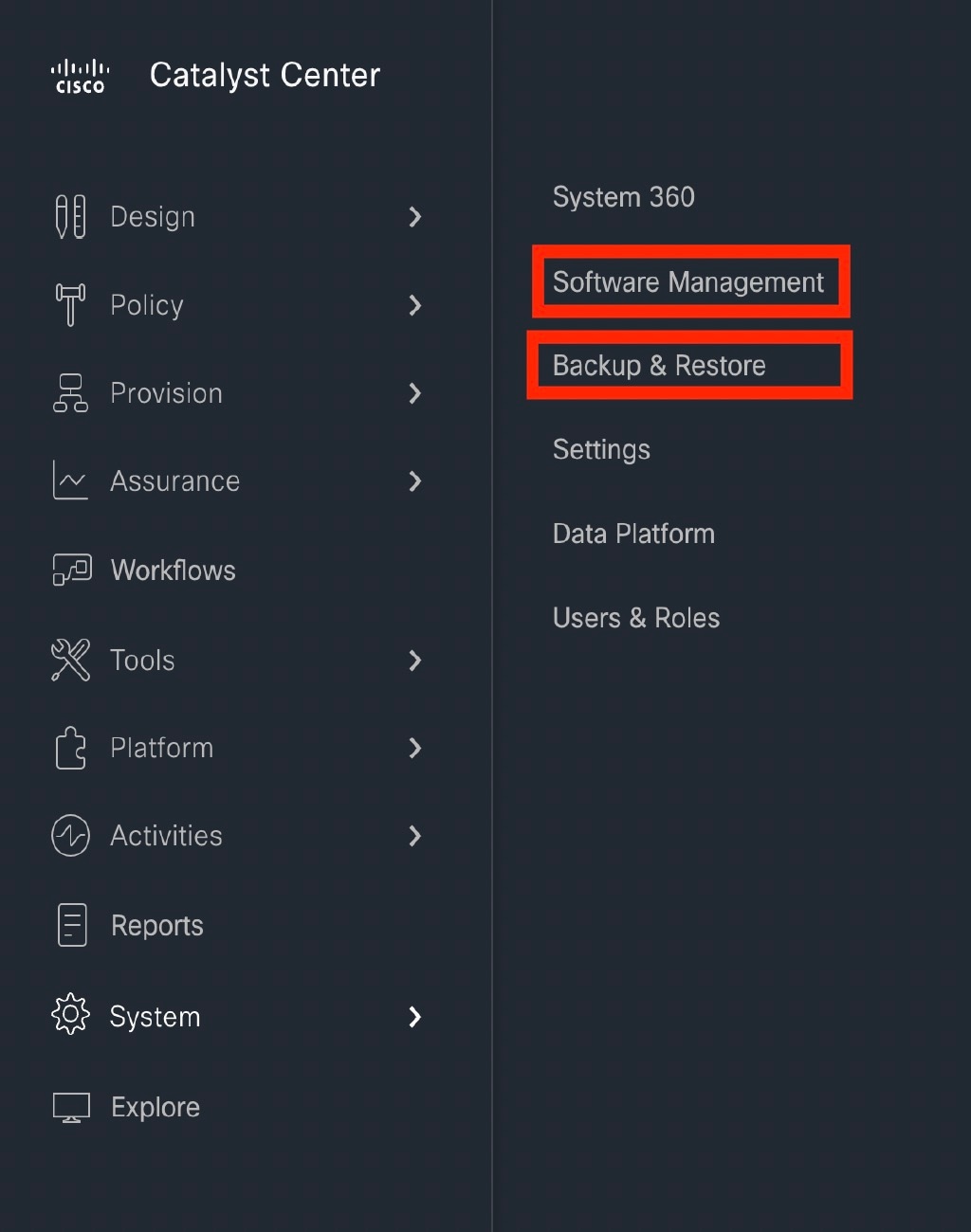 The System menu, with Software Management and Backup & Restore emphasized.