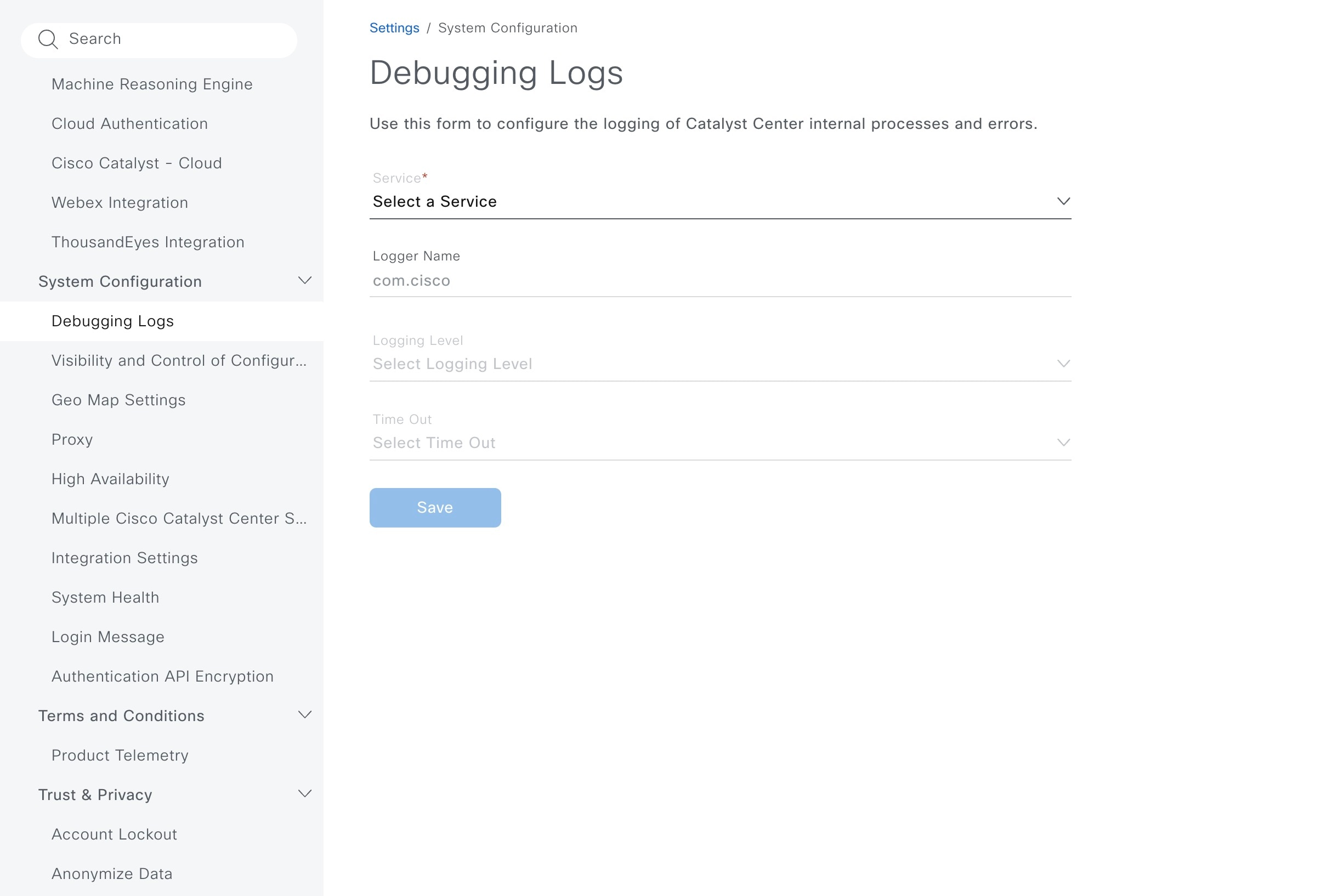 The Debugging Logs window shows the following fields: Service, Logger name, Logging Level, and Time Out.