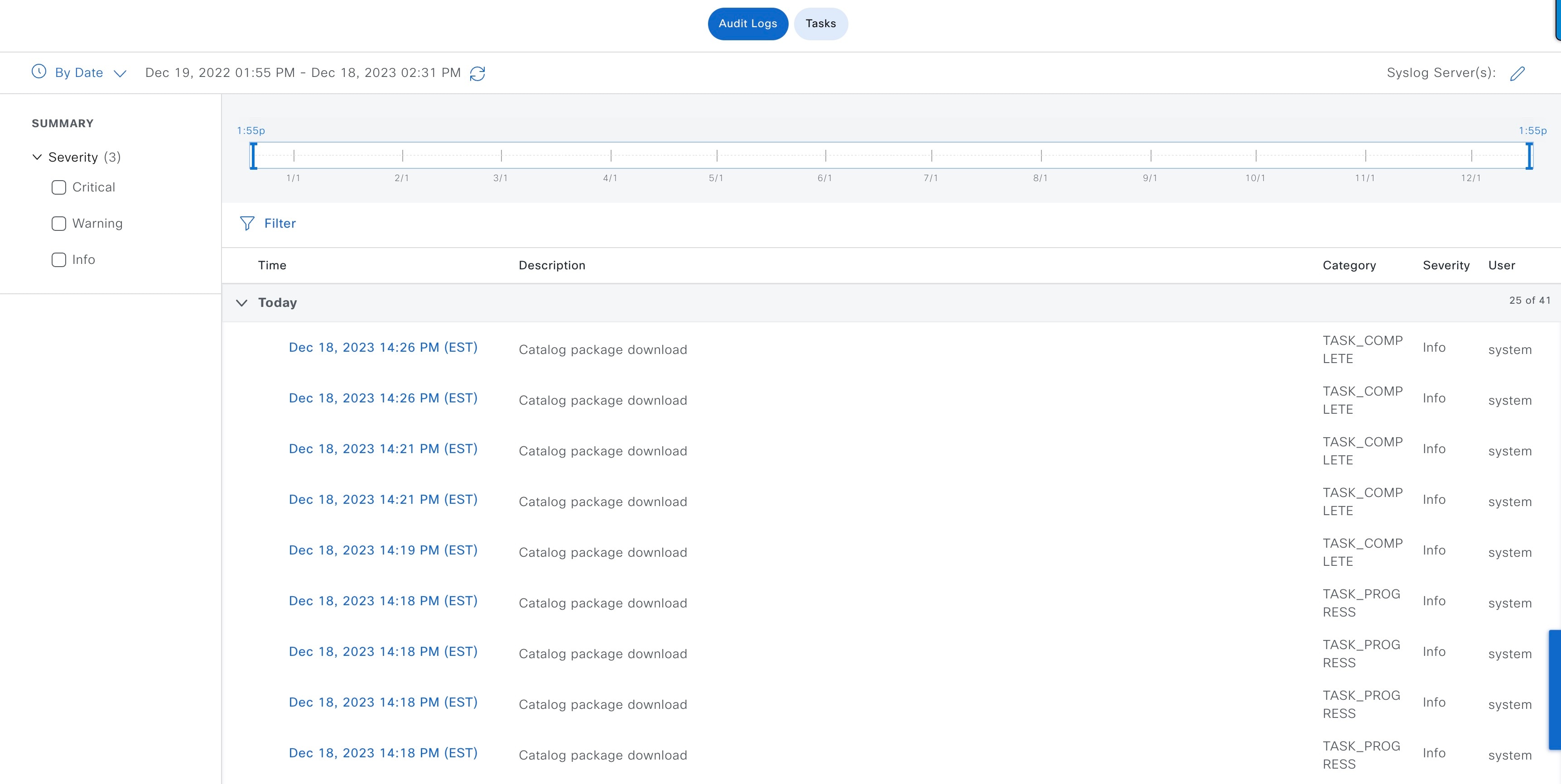 The Audit Logs window shows the following details for each item: time, description, category, severity, and user.