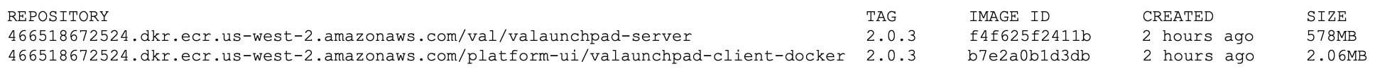 The output of $ docker images displays a list of the Docker images in the repository, along with the TAG column listing the number starting with 2.0.
