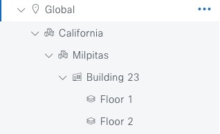 The network hierarchy consists of Global (the default site element), California (an area), Milpitas (an area), Building 23, Floor 1, and Floor 2.