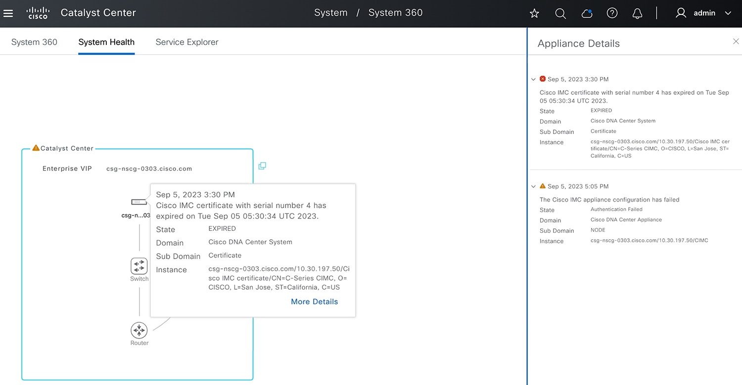 System Health window displaying a certificate event notification