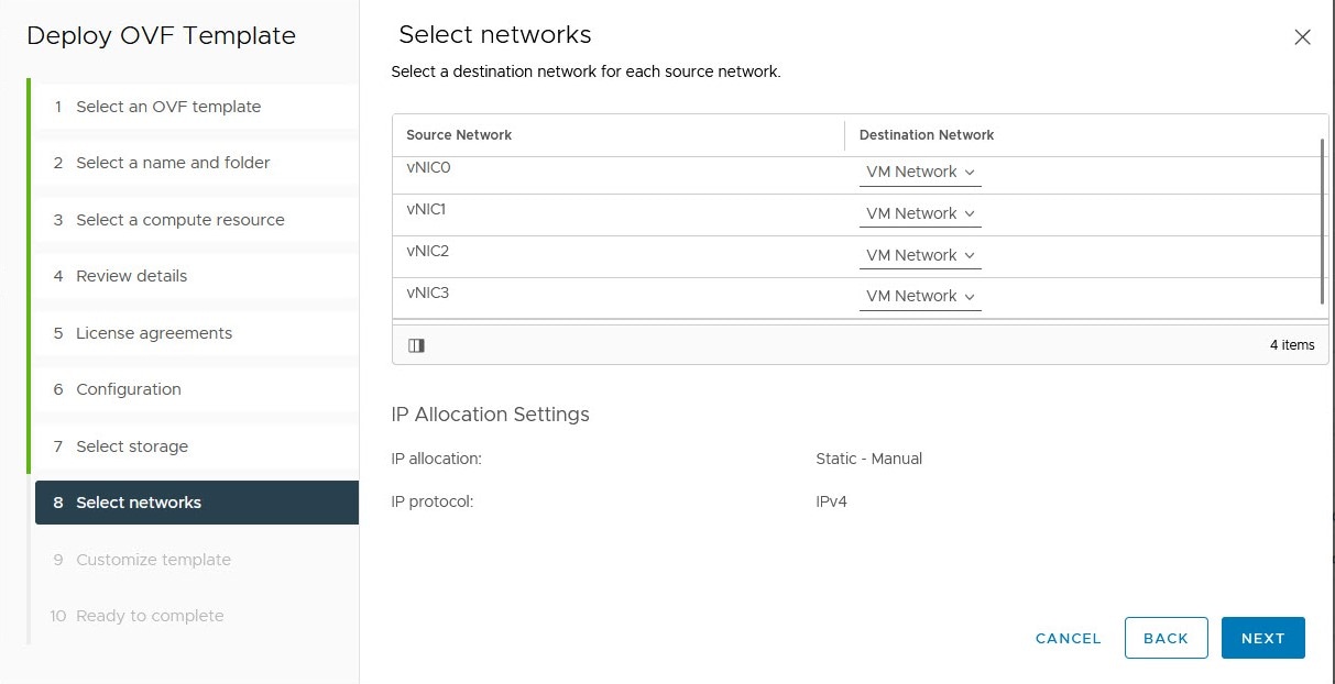 Deploy OVF Template - Select networks Window