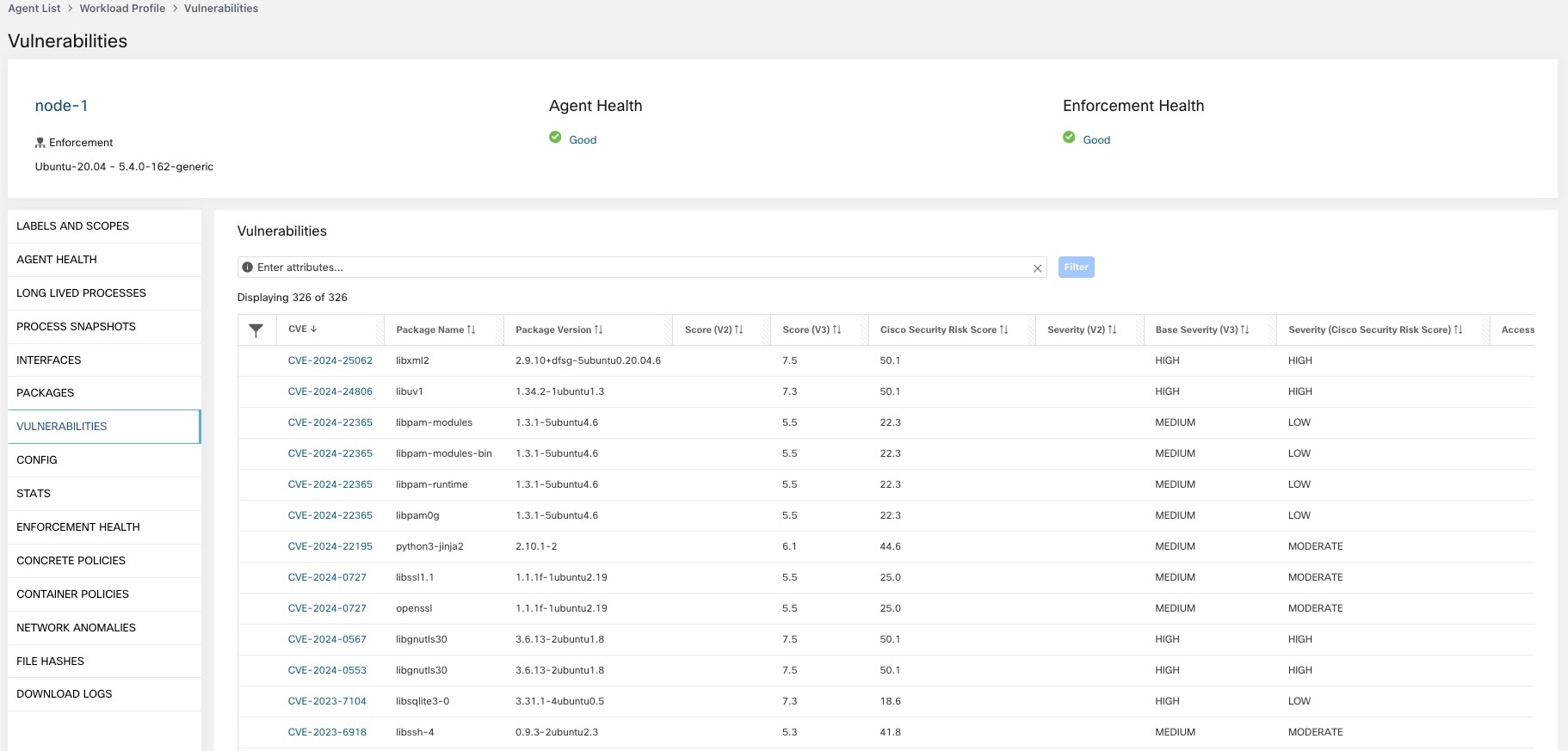 Workload Profile: Vulnerabilities Tab