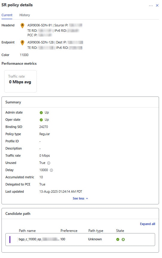 SR Policy Details - Headend, Endpoint, and Summary
