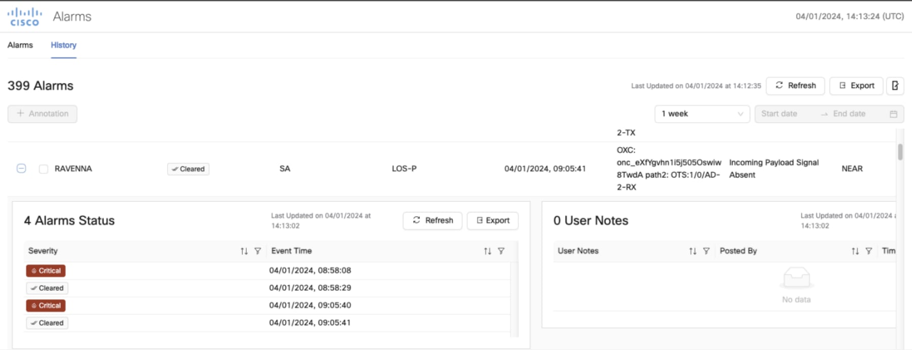 Screenshot of Alarm History Expanded View