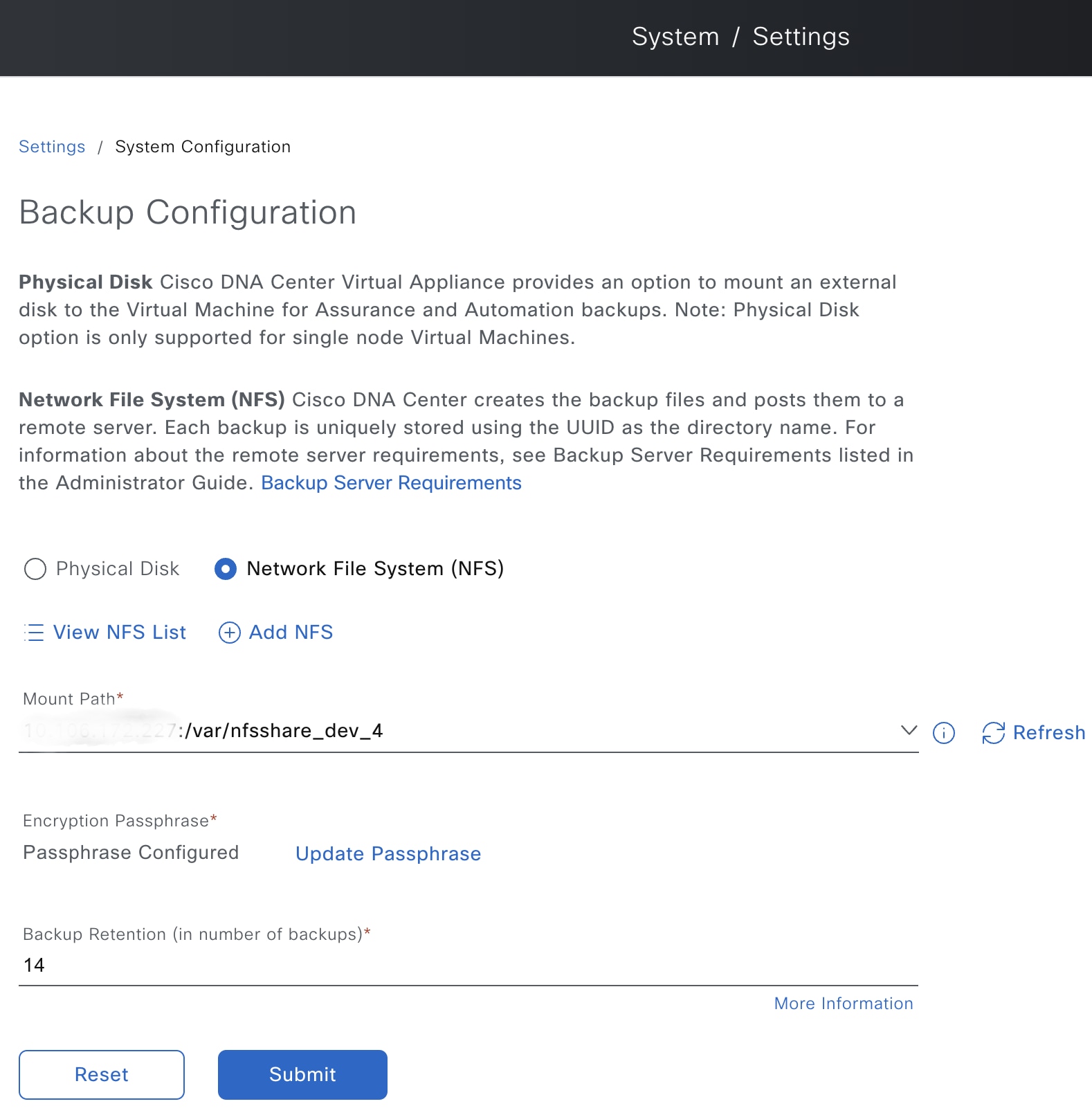 The Backup Configuration page shows the NFS server details.