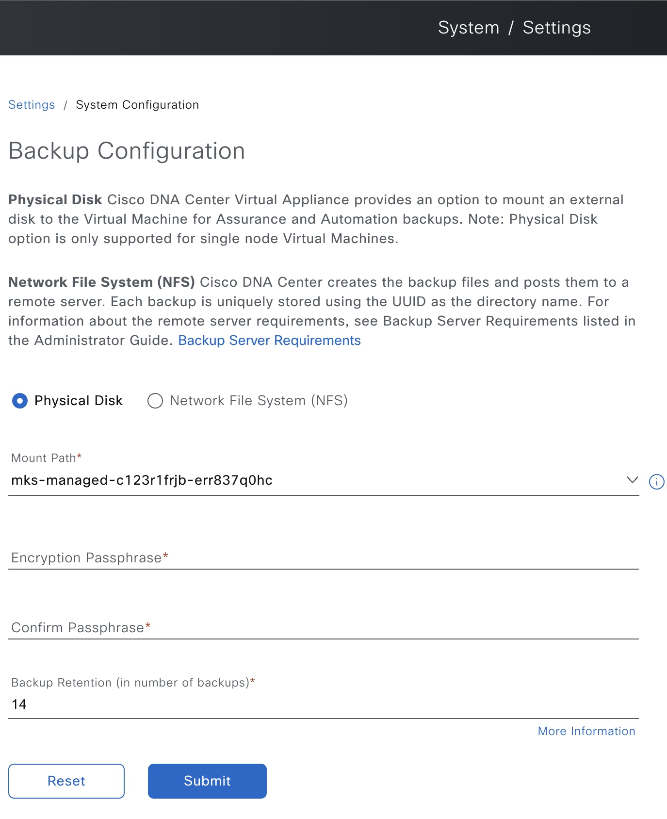 The Backup Configuration page shows the physical disk option, mount path, encryption passphrase, and backup retention.