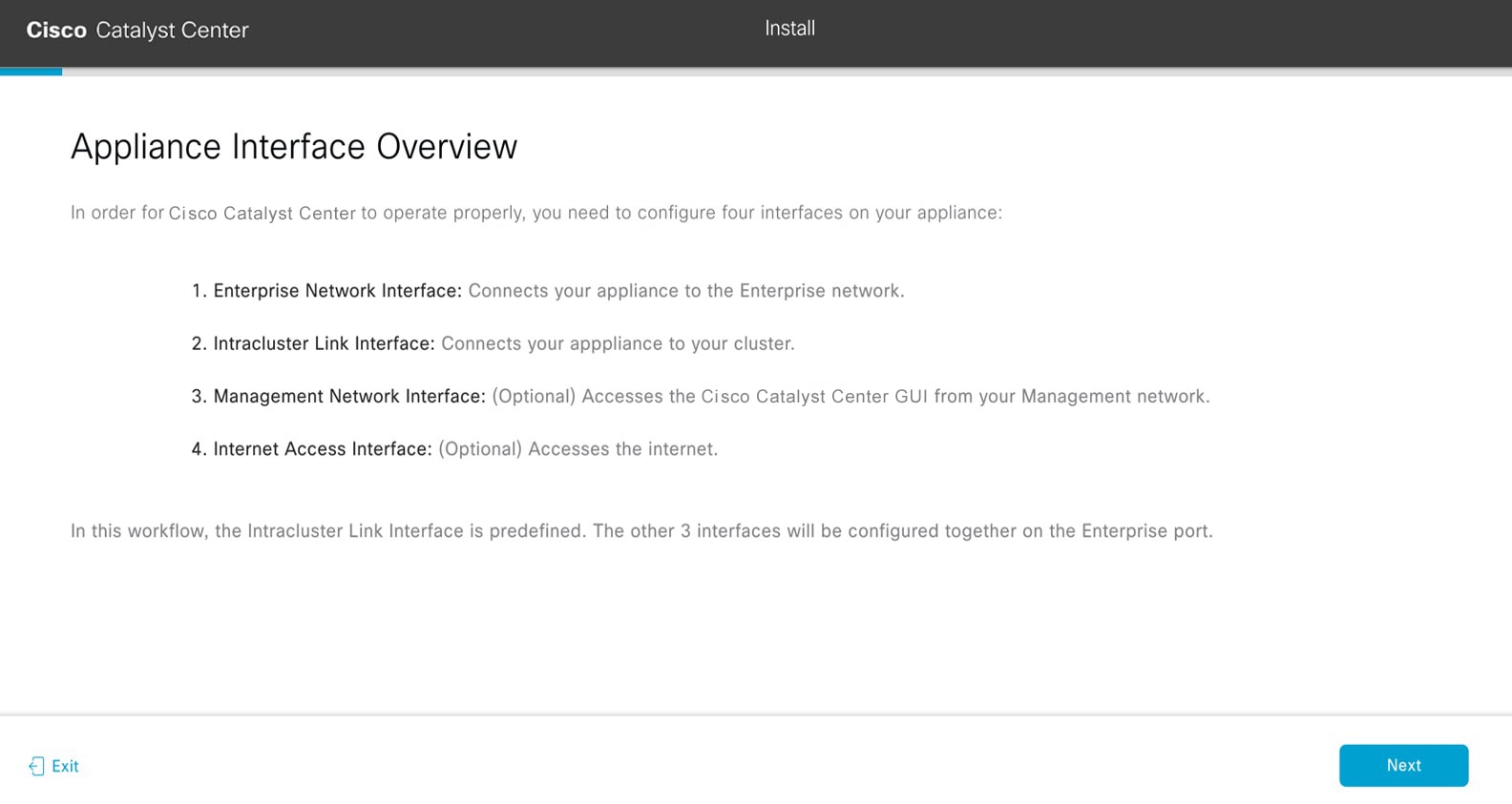 The Appliance Interface Overview screen summarizes the four configurable interfaces on your appliance.