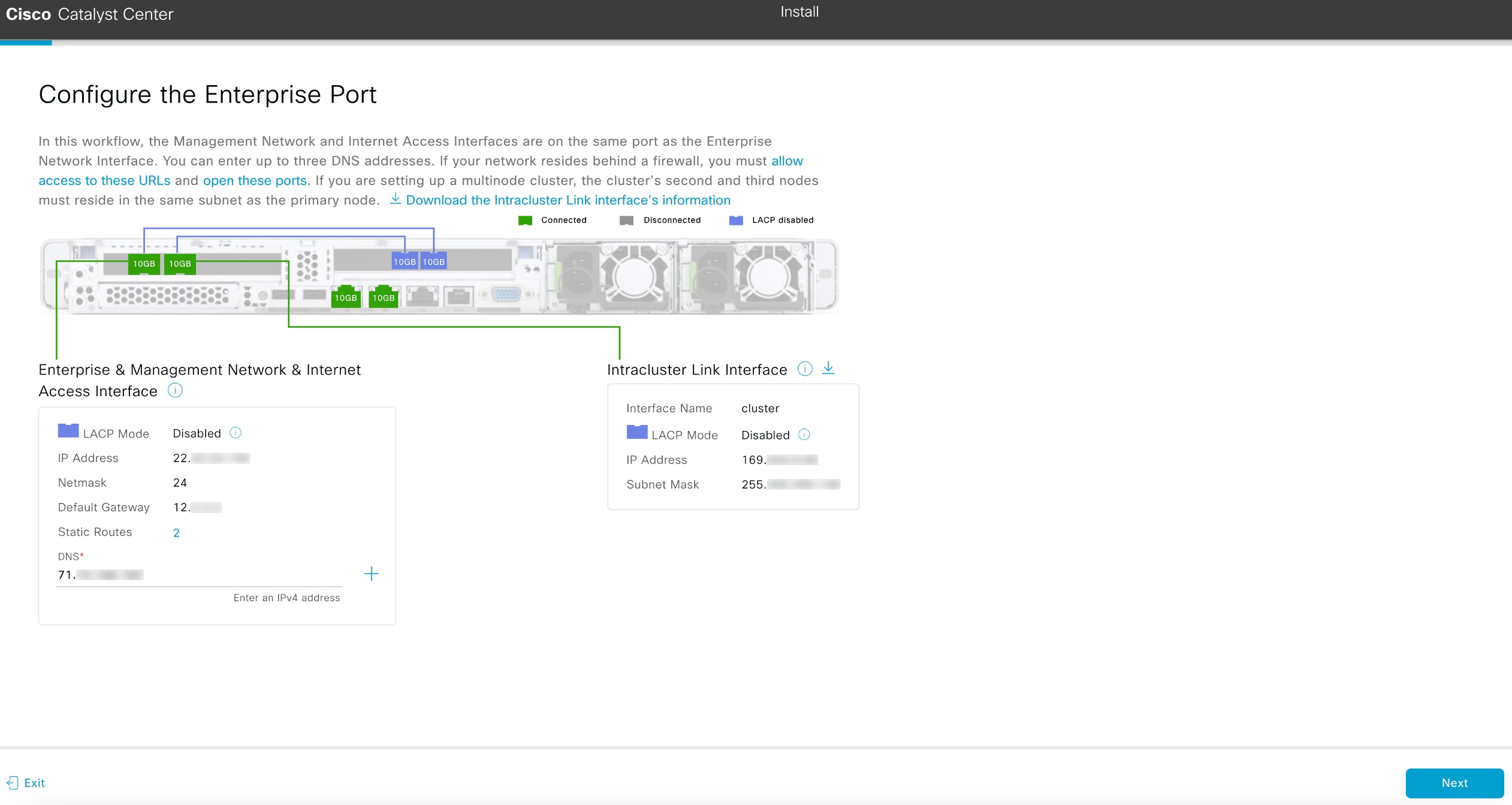 The Configure the Enterprise Port screen displays the step to set up the Enterprise, Management, and Internet Access interfaces on the Enterprise port.