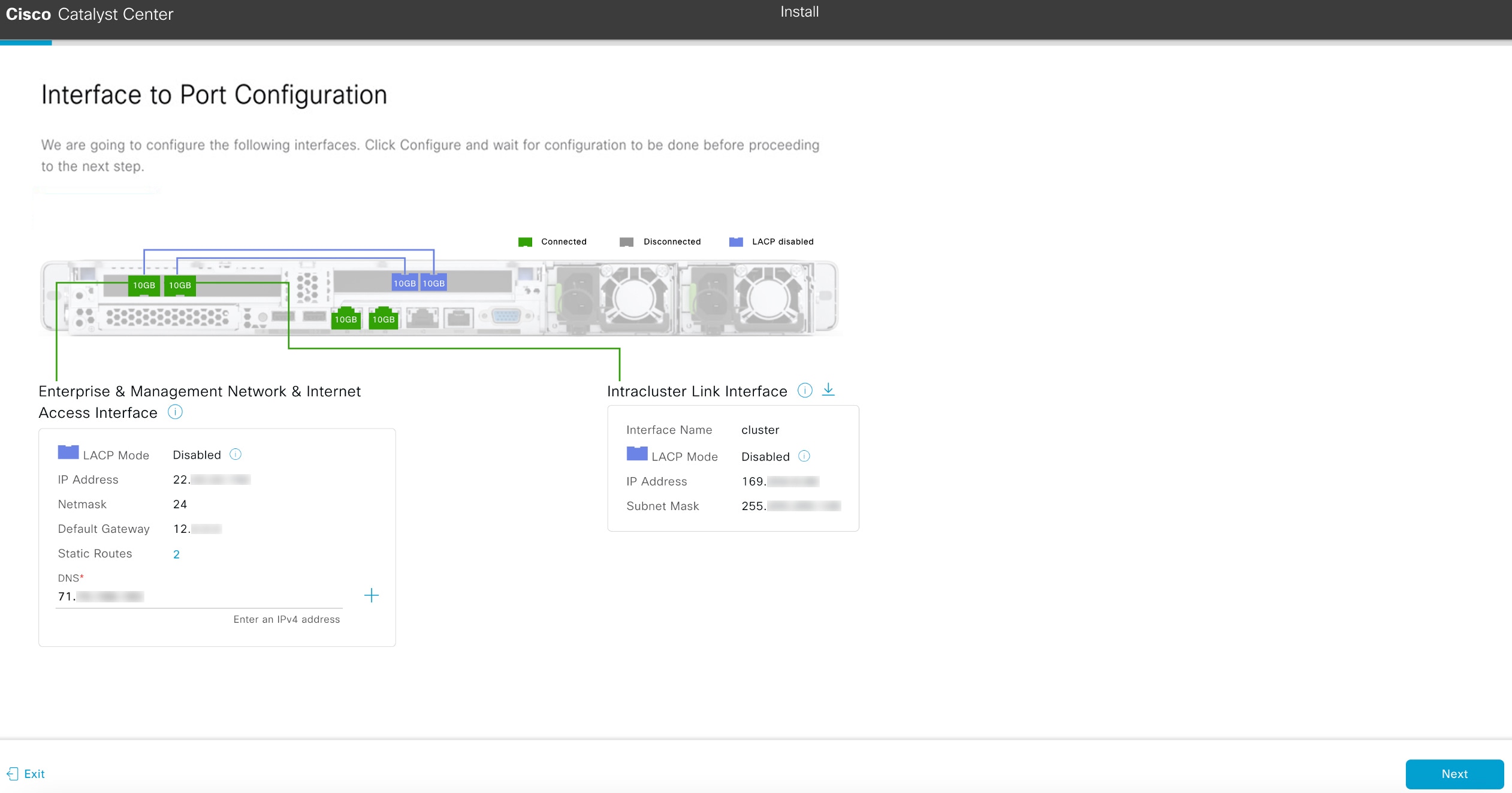 The Interface to Port Configuration screen displays the step to review the interface settings and then configure the interfaces.