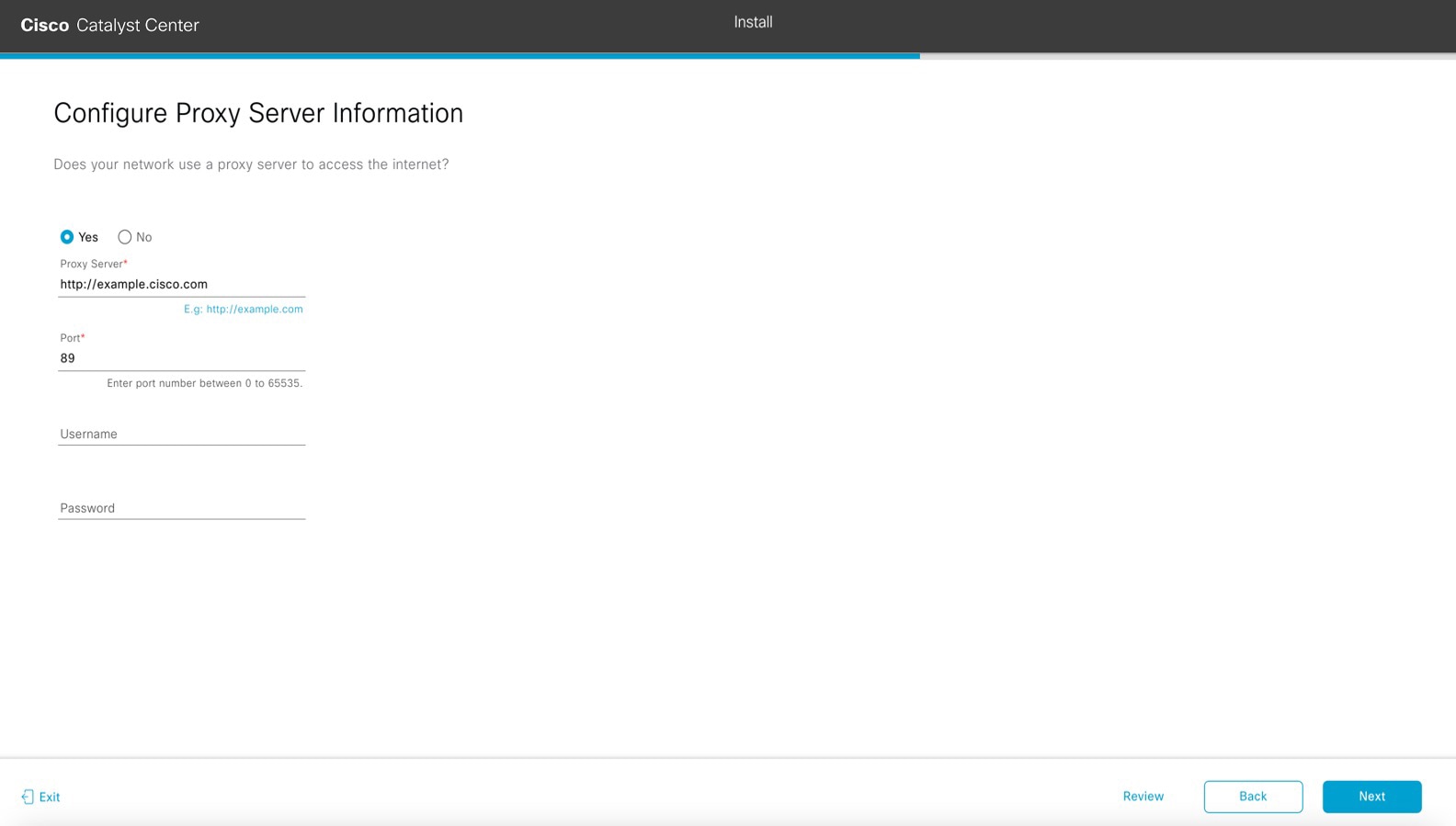 The Configure Proxy Server Information screen displays the step to choose if you want your network to use a proxy server to access the internet.