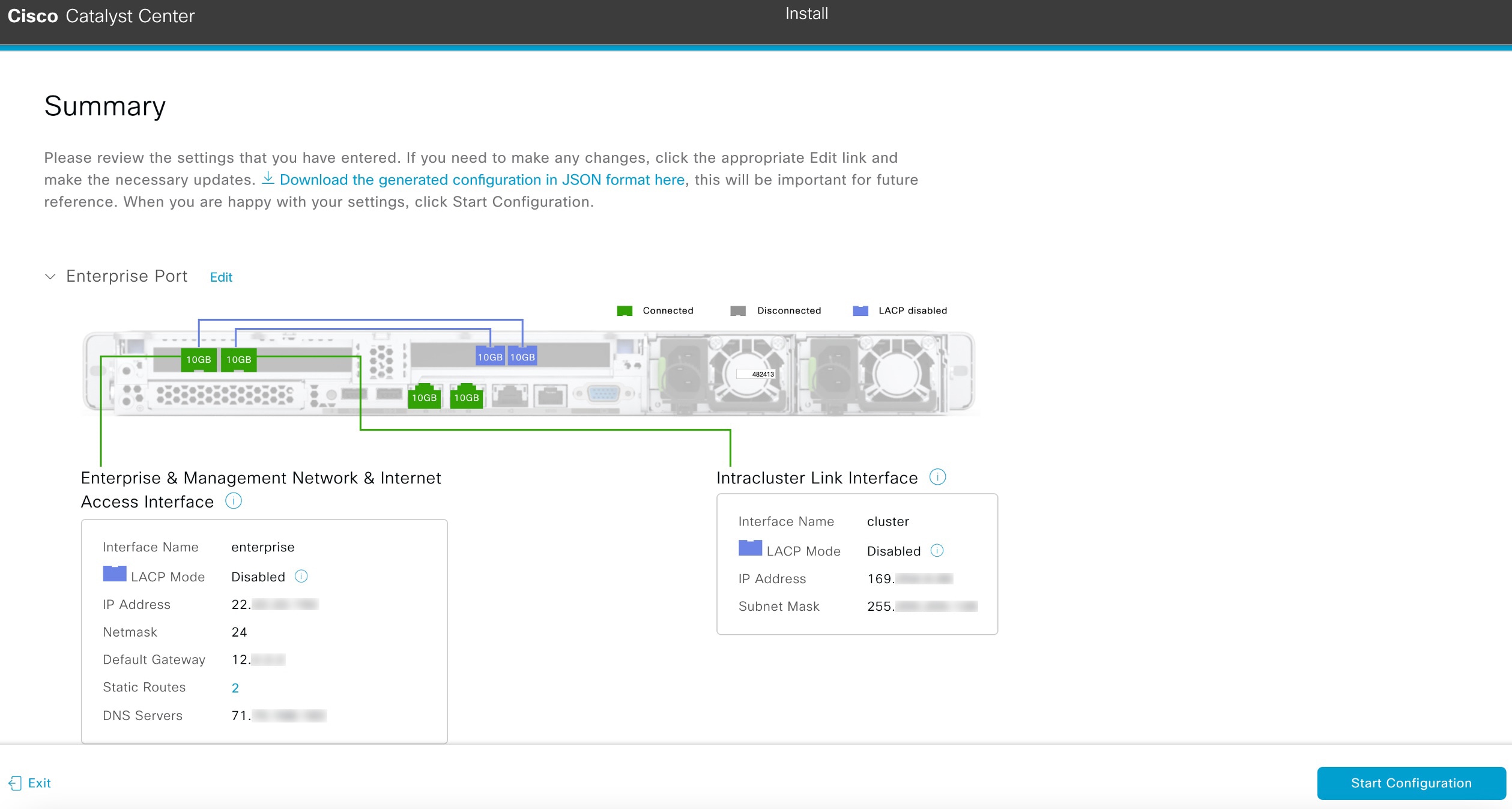 The Summary screen displays the step to review the entered settings before starting your appliance configuration.