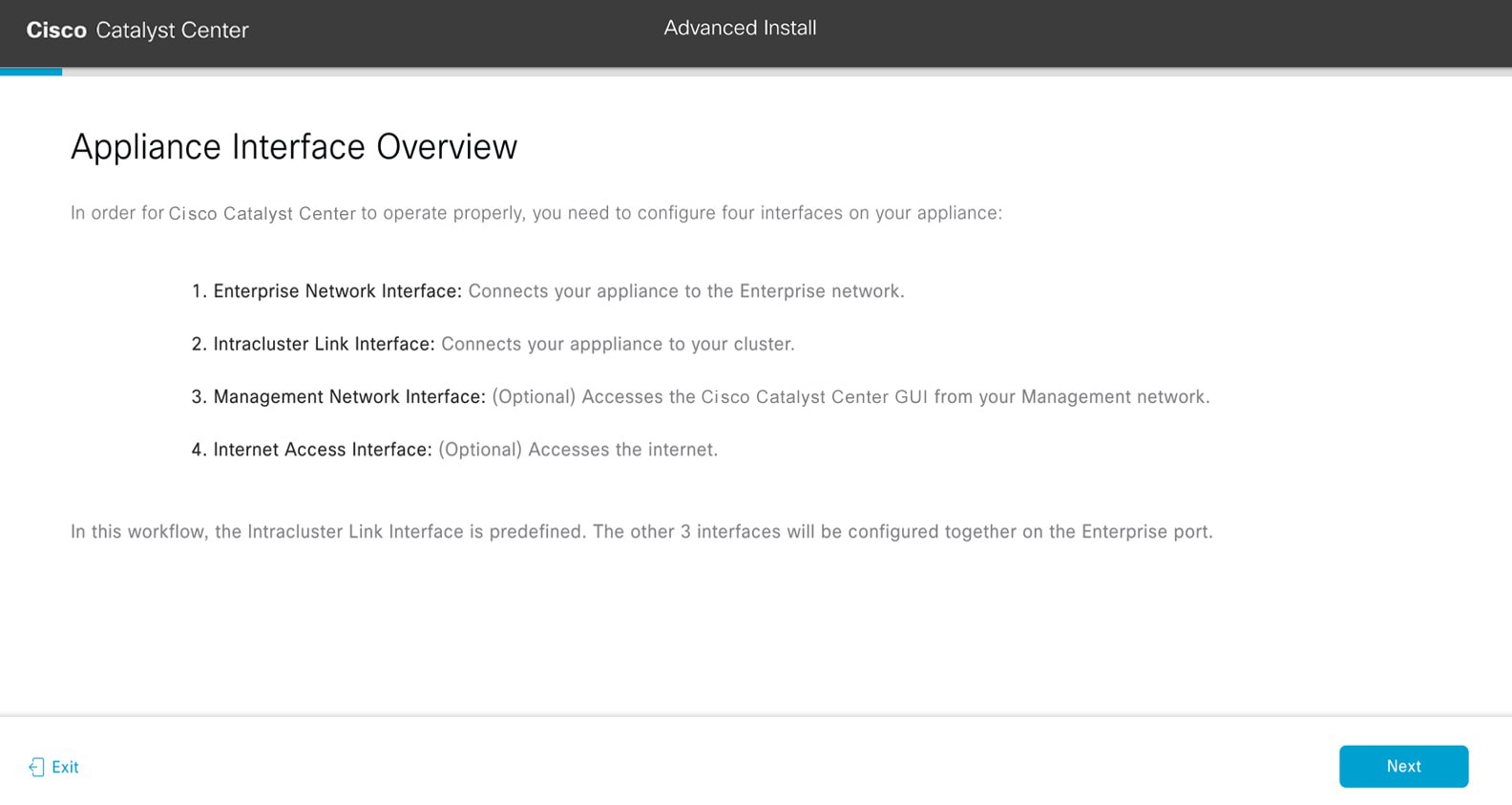 The Appliance Interface Overview screen summarizes the four configurable interfaces on your appliance.