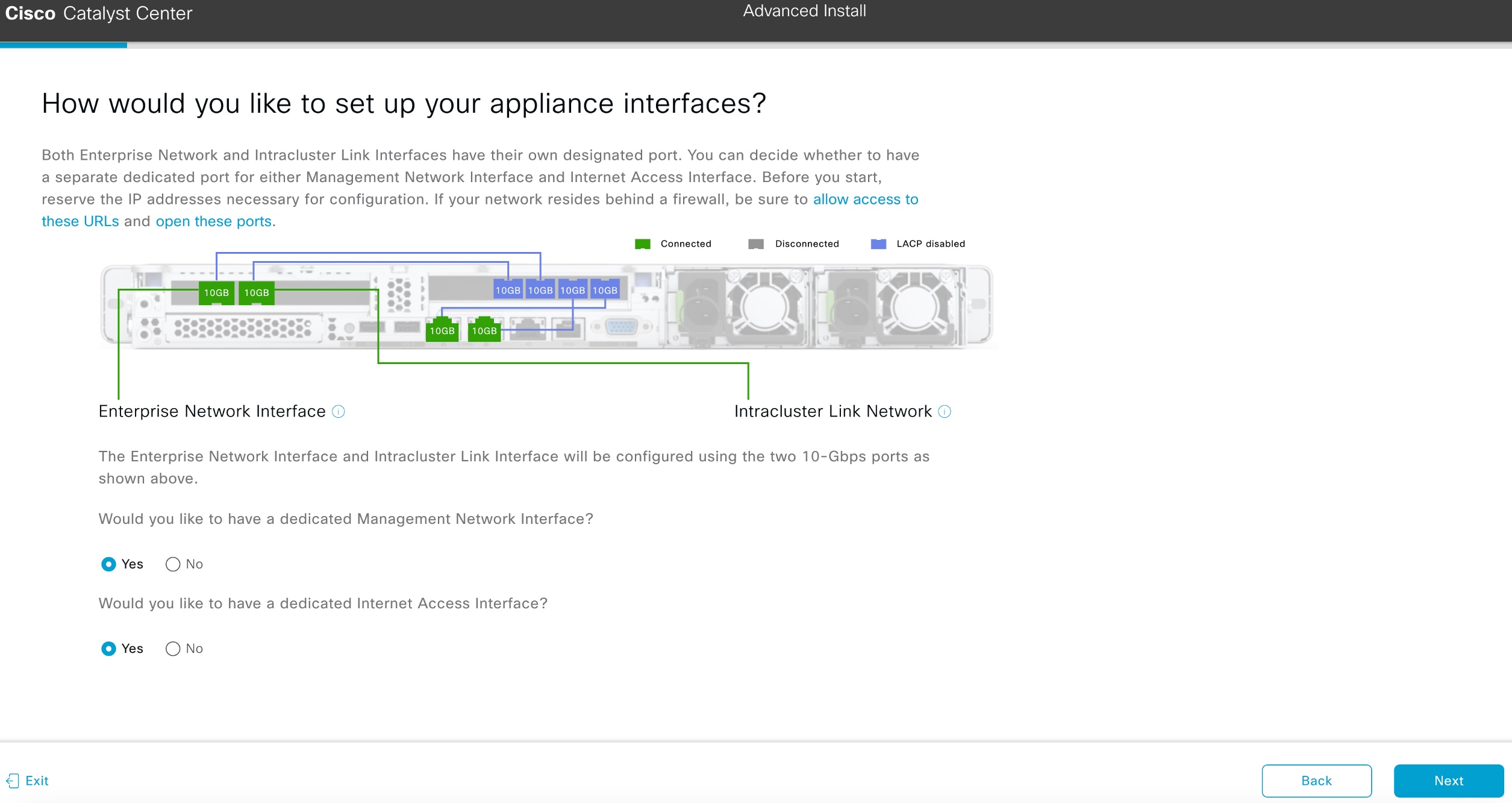 The How would you like to set up your appliance interfaces? screen displays the step to choose if you want to configure dedicated Management and Internet Access interfaces.