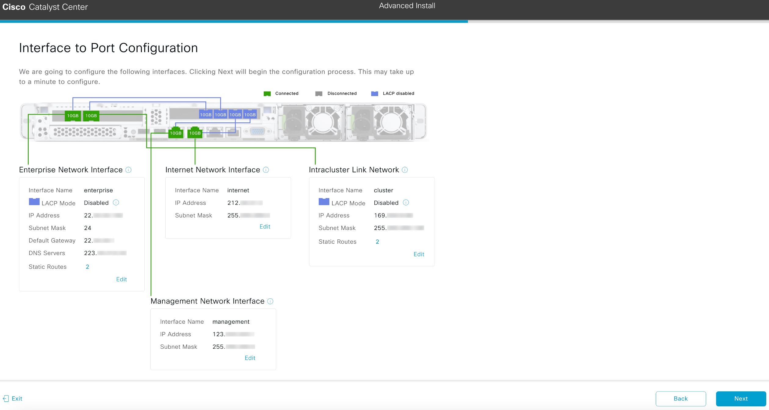 The Interface to Port Configuration screen displays the step to review the entered values for the primary node’s interfaces.