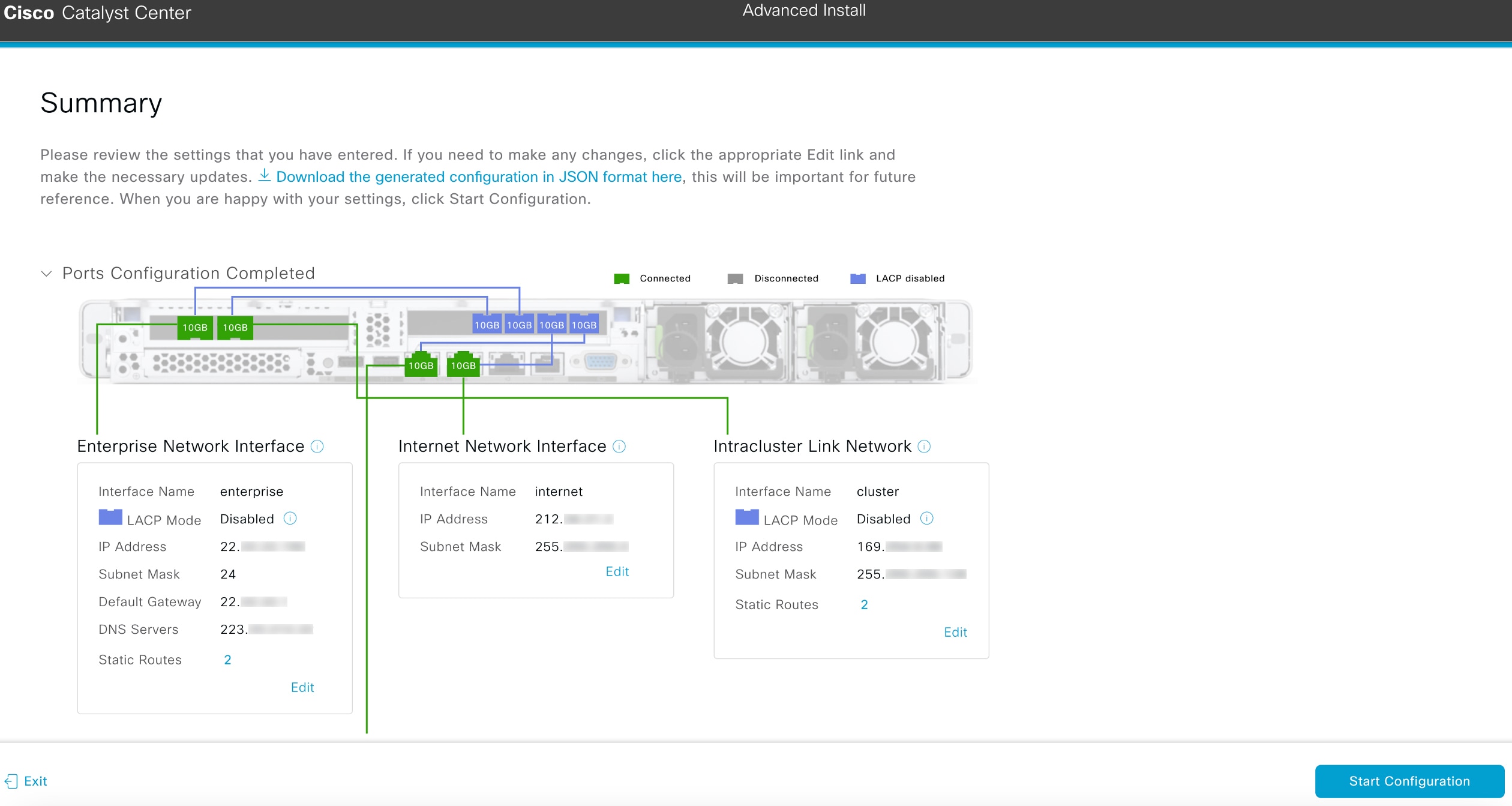 The Summary screen displays the step to review all the entered settings before starting the configuration.