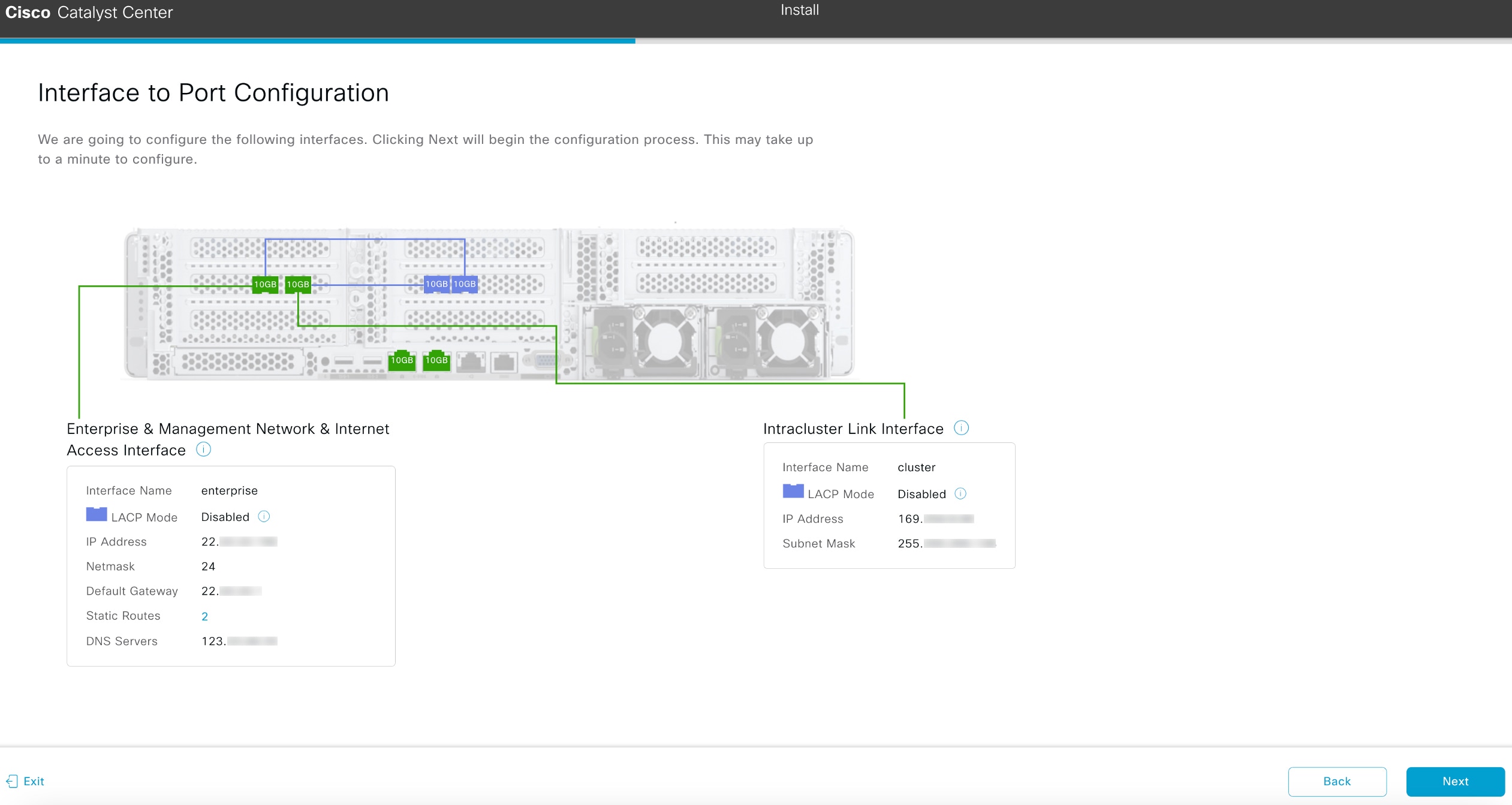 The Interface to Port Configuration screen displays the step to review the interface settings and then configure the interfaces.