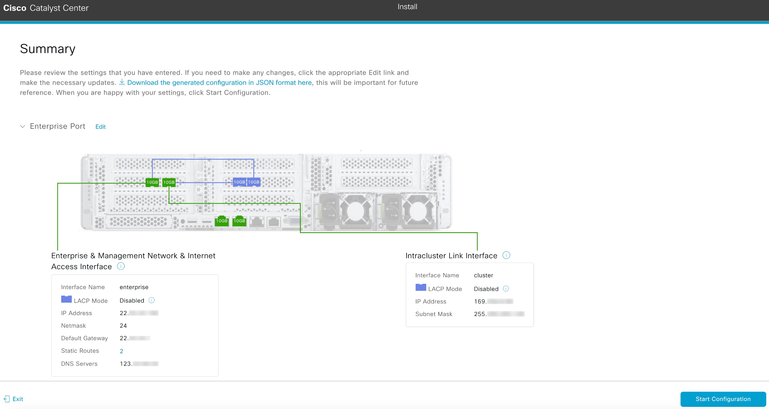 The Summary screen displays the step to review the entered settings before starting your appliance configuration.