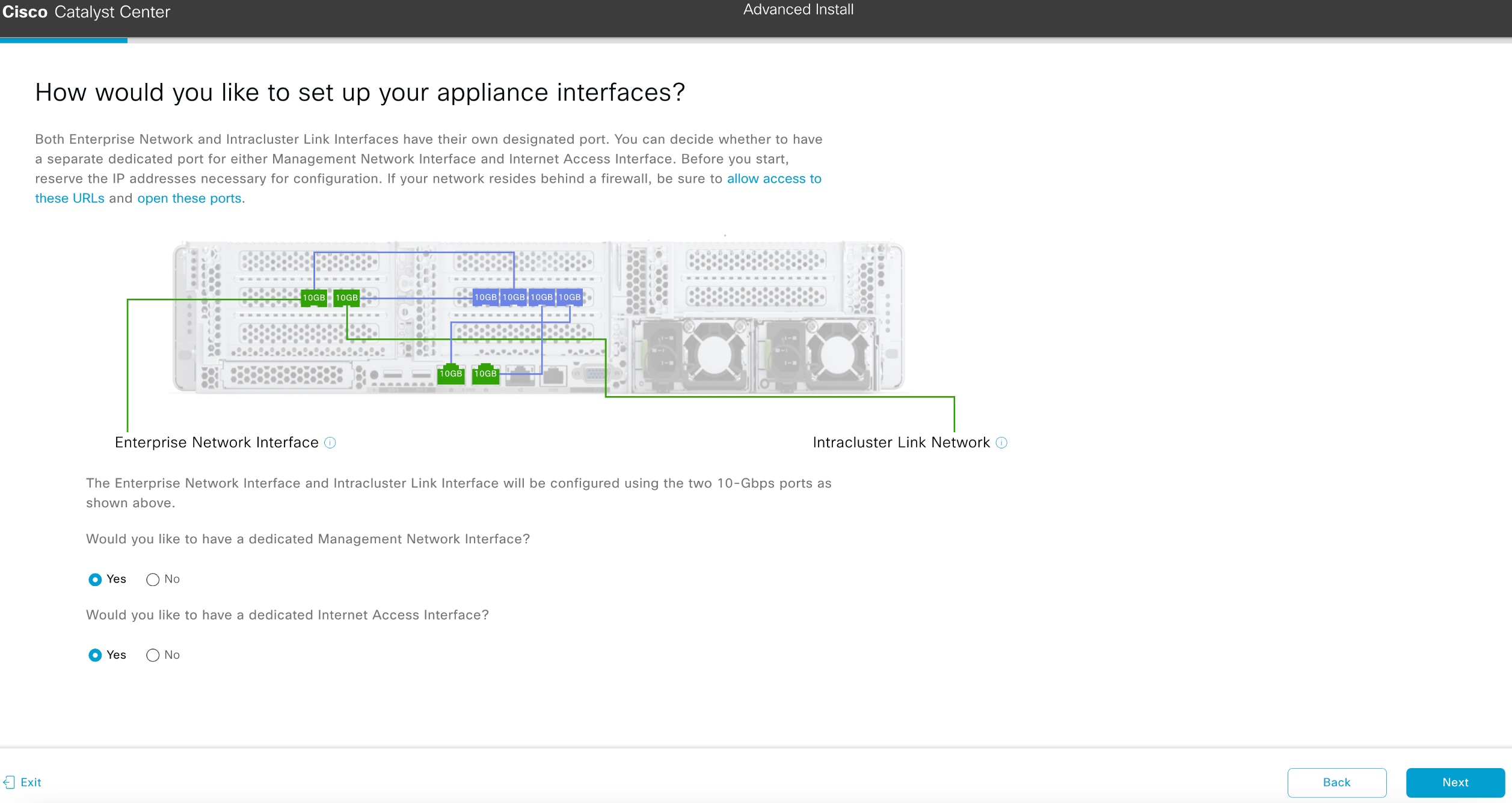 The How would you like to set up your appliance interfaces? screen displays the step to choose if you want to configure dedicated Management and Internet Access interfaces.