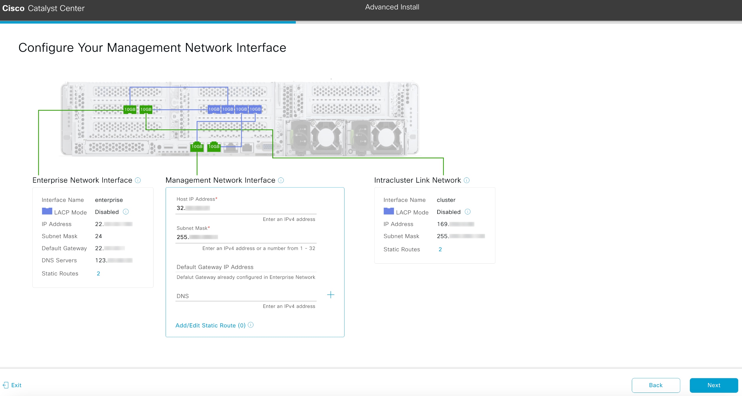 The Configure Your Management Network Interface screen displays the optional step to enter configuration values for the Management port.