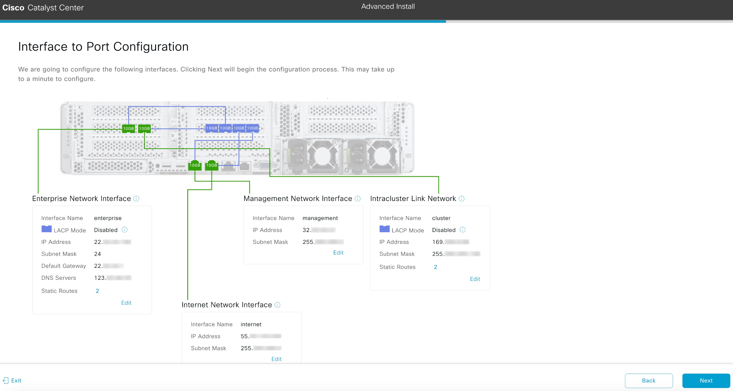 The Interface to Port Configuration screen displays the step to review the entered values for the primary node’s interfaces.