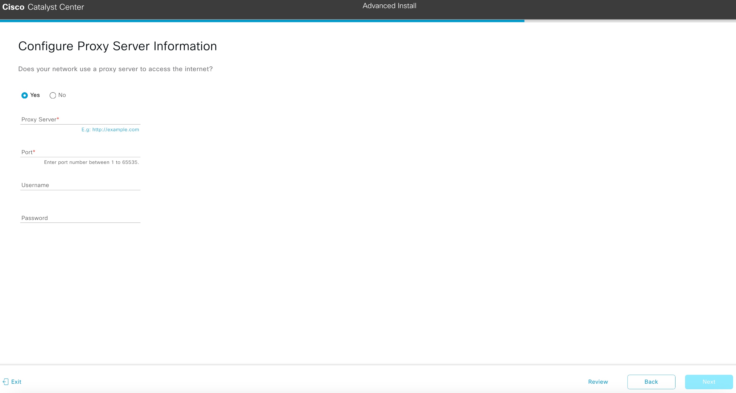 The Configure Proxy Server Information screen displays the step to choose if you want your network to use a proxy server to access the internet.