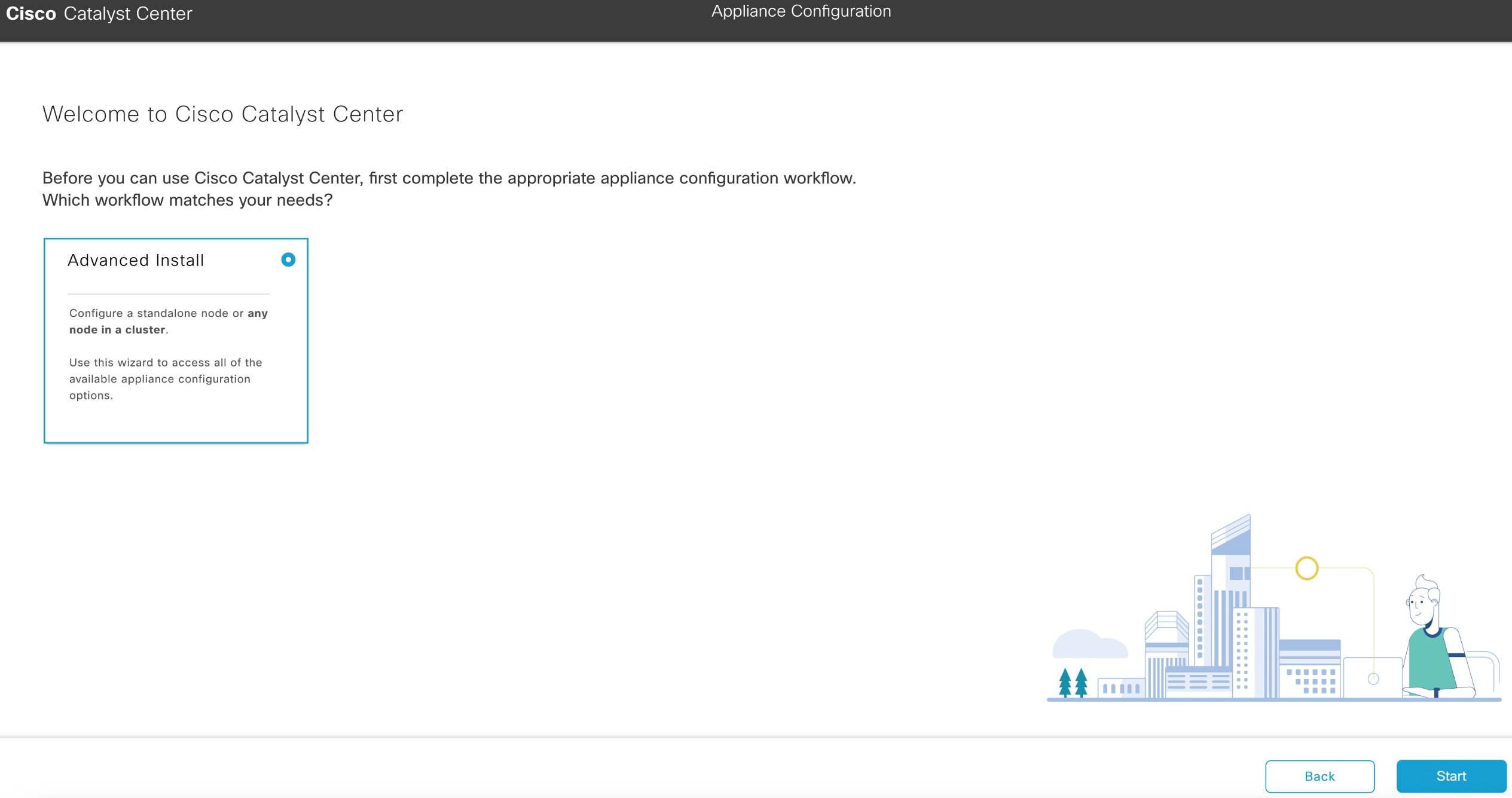 The Appliance Configuration screen displays the Advanced Install workflow option with the Start button in the bottom-right corner.