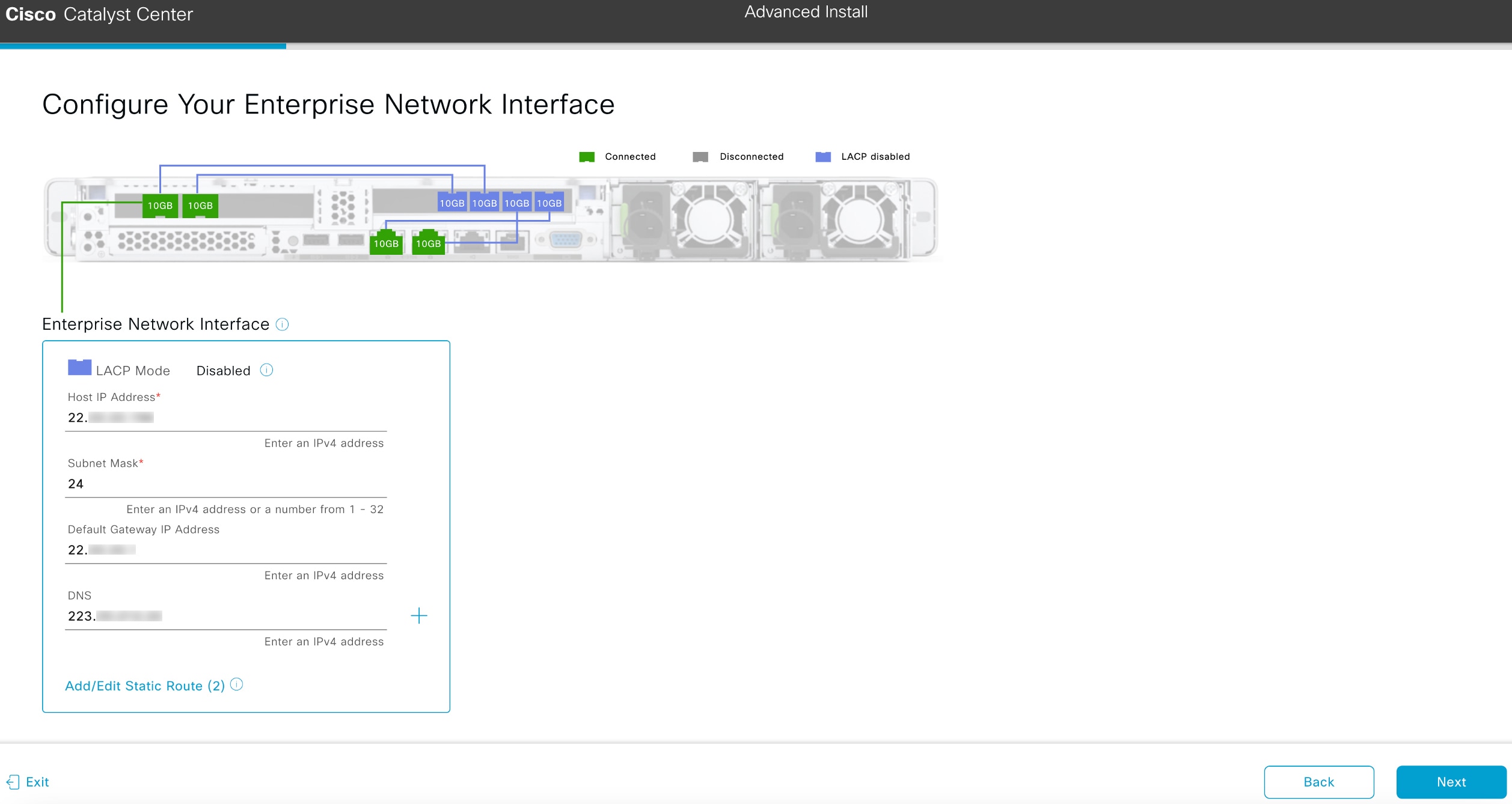 The Configure Your Enterprise Network Interface screen displays the step to enter configuration values for the Enterprise interface.