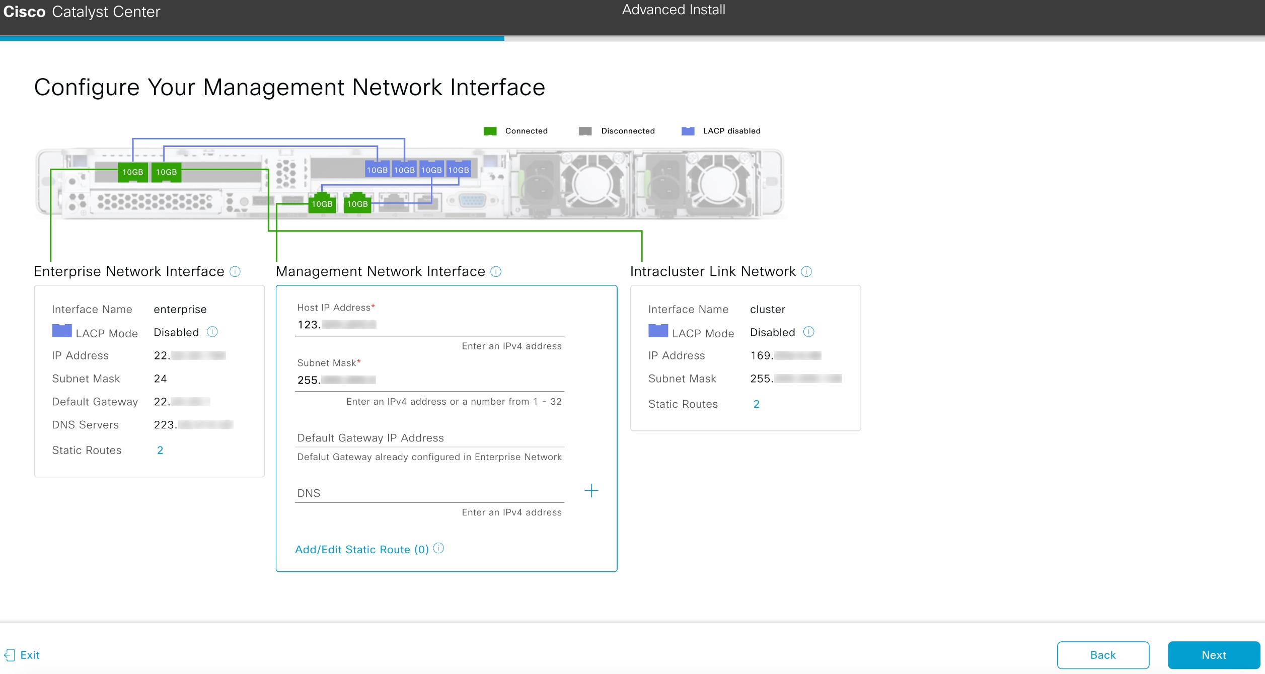 The Configure Your Management Network Interface screen displays the optional step to enter configuration values for the Management port.