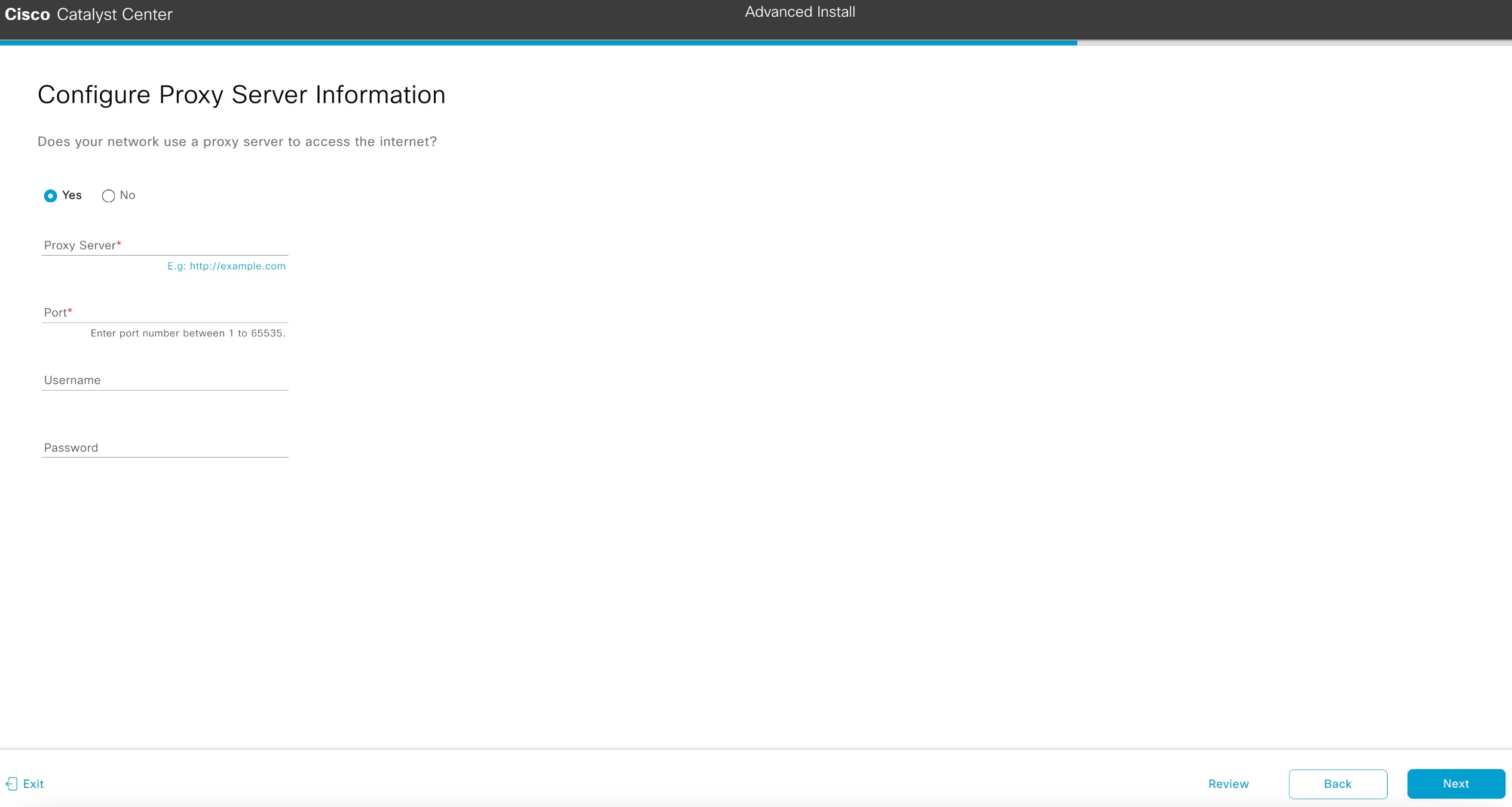 The Configure Proxy Server Information screen displays the step to choose if you want your network to use a proxy server to access the internet.