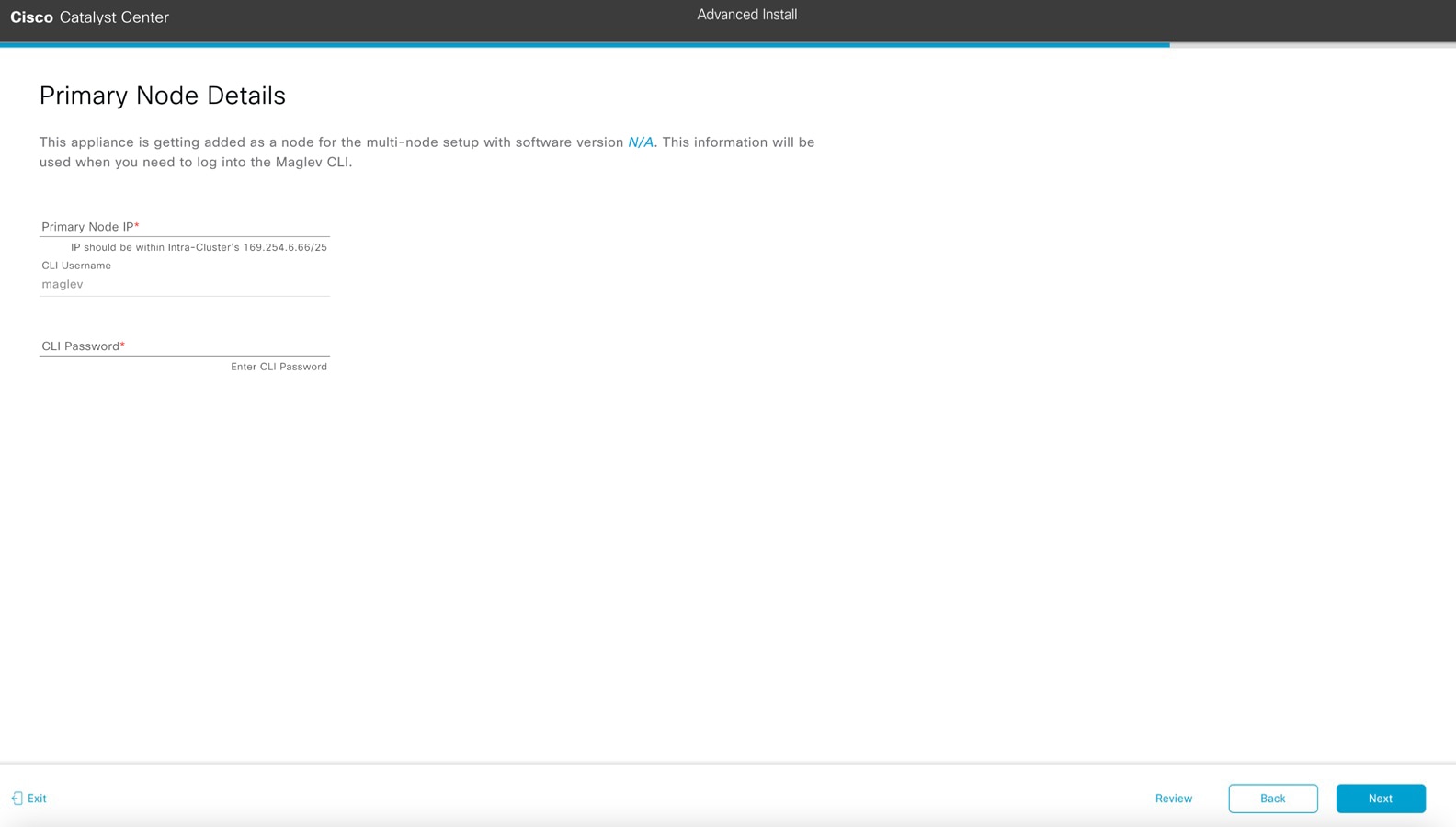 The Primary Node Details screen displays the step to enter its IP address and login credentials.