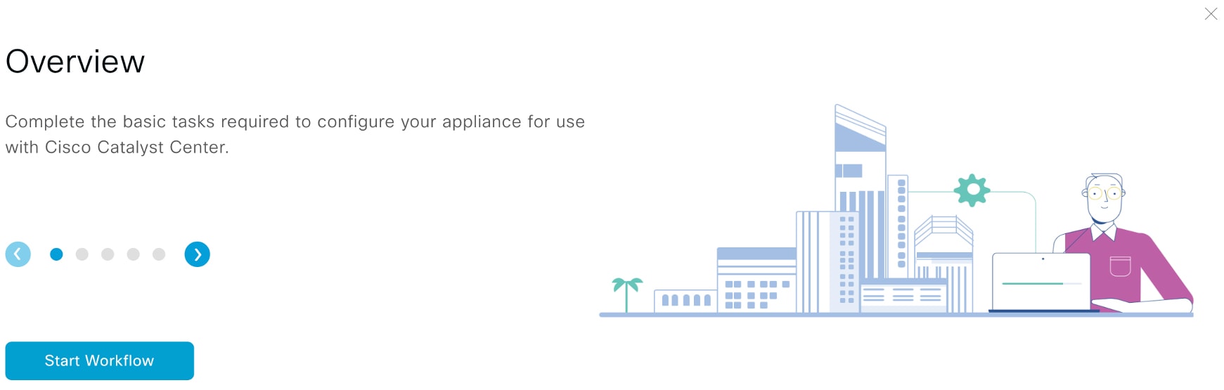 The Advanced Install Overview slider displays a summary of the workflow with the Start Workflow button in the bottom-left corner.