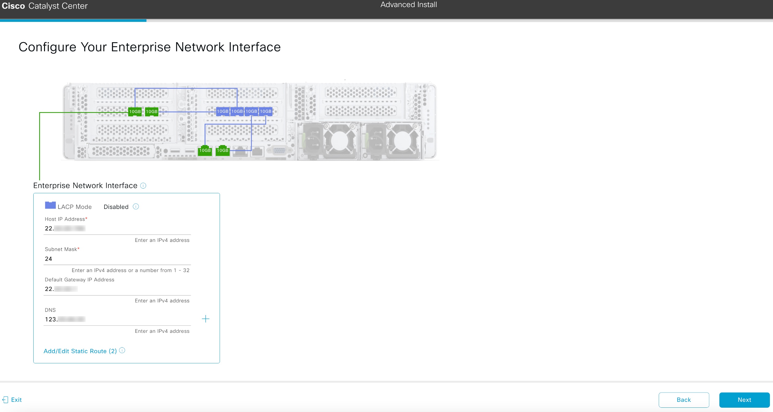 The Configure Your Enterprise Network Interface screen displays the step to enter configuration values for the Enterprise interface.