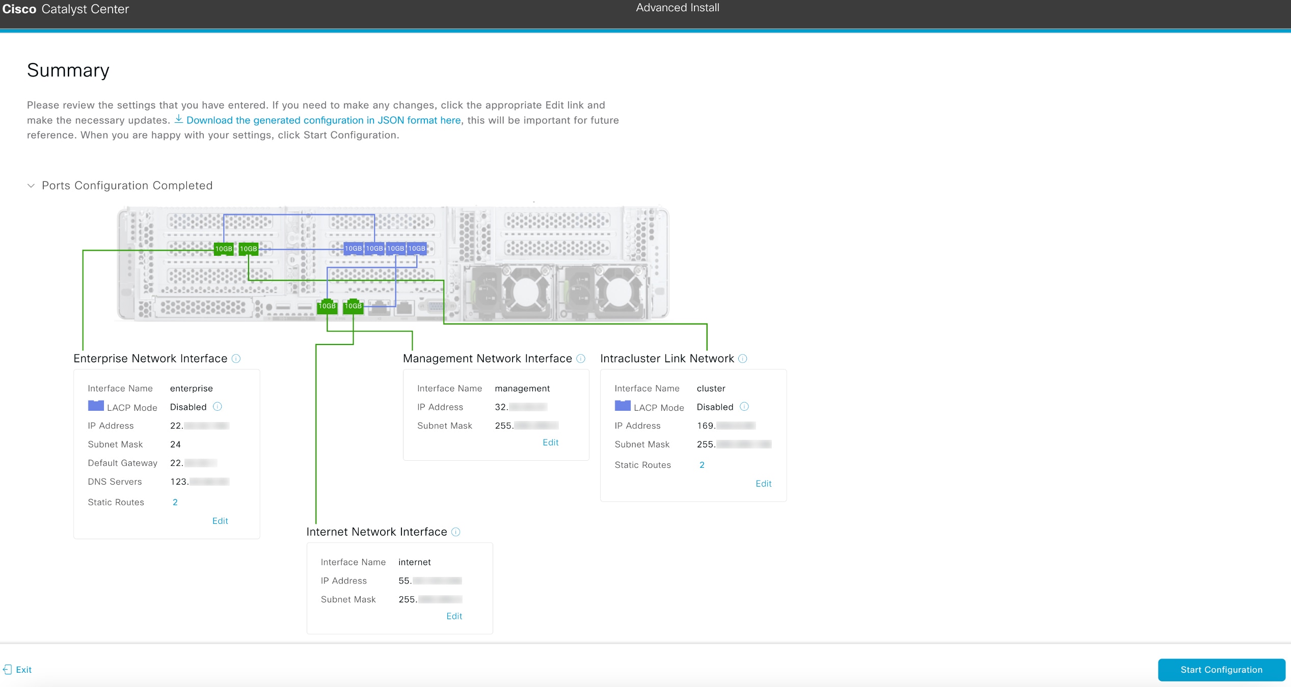 The Summary screen displays the step to review all the entered settings before starting the configuration.