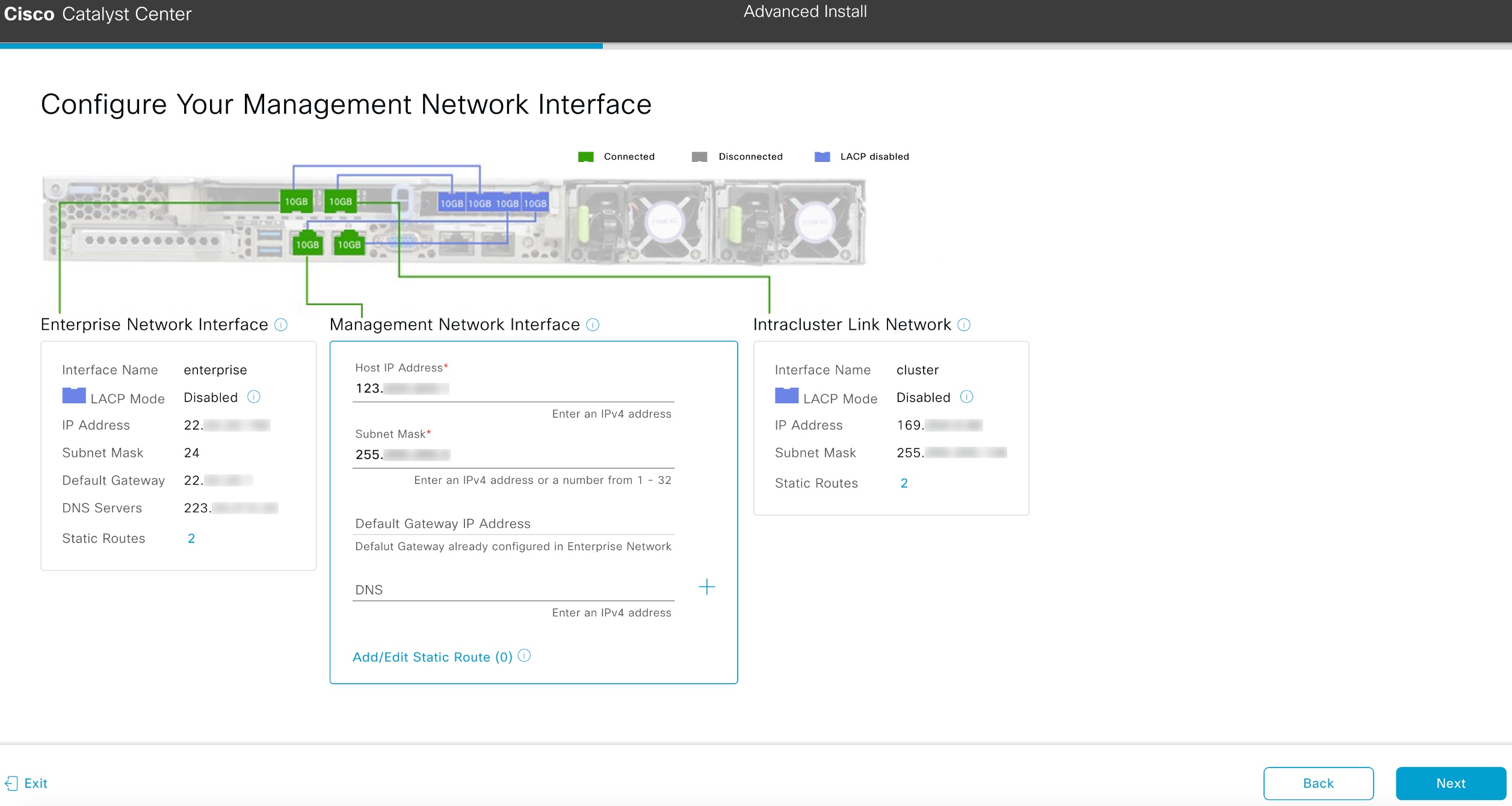 The Configure Your Management Network Interface screen displays the optional step to enter configuration values for the Management port.