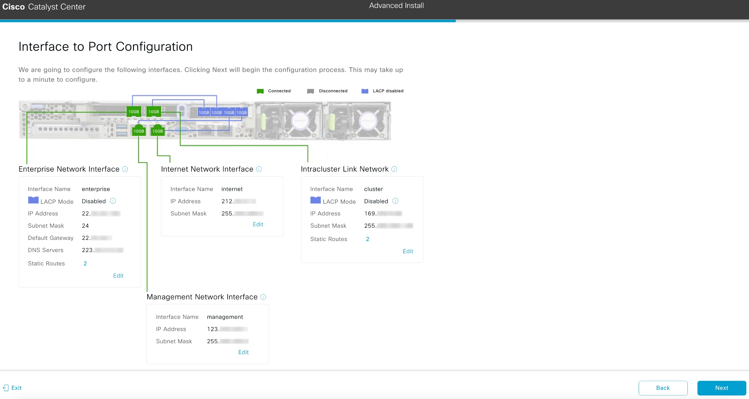 The Interface to Port Configuration screen displays the step to review the entered values for the primary node’s interfaces.